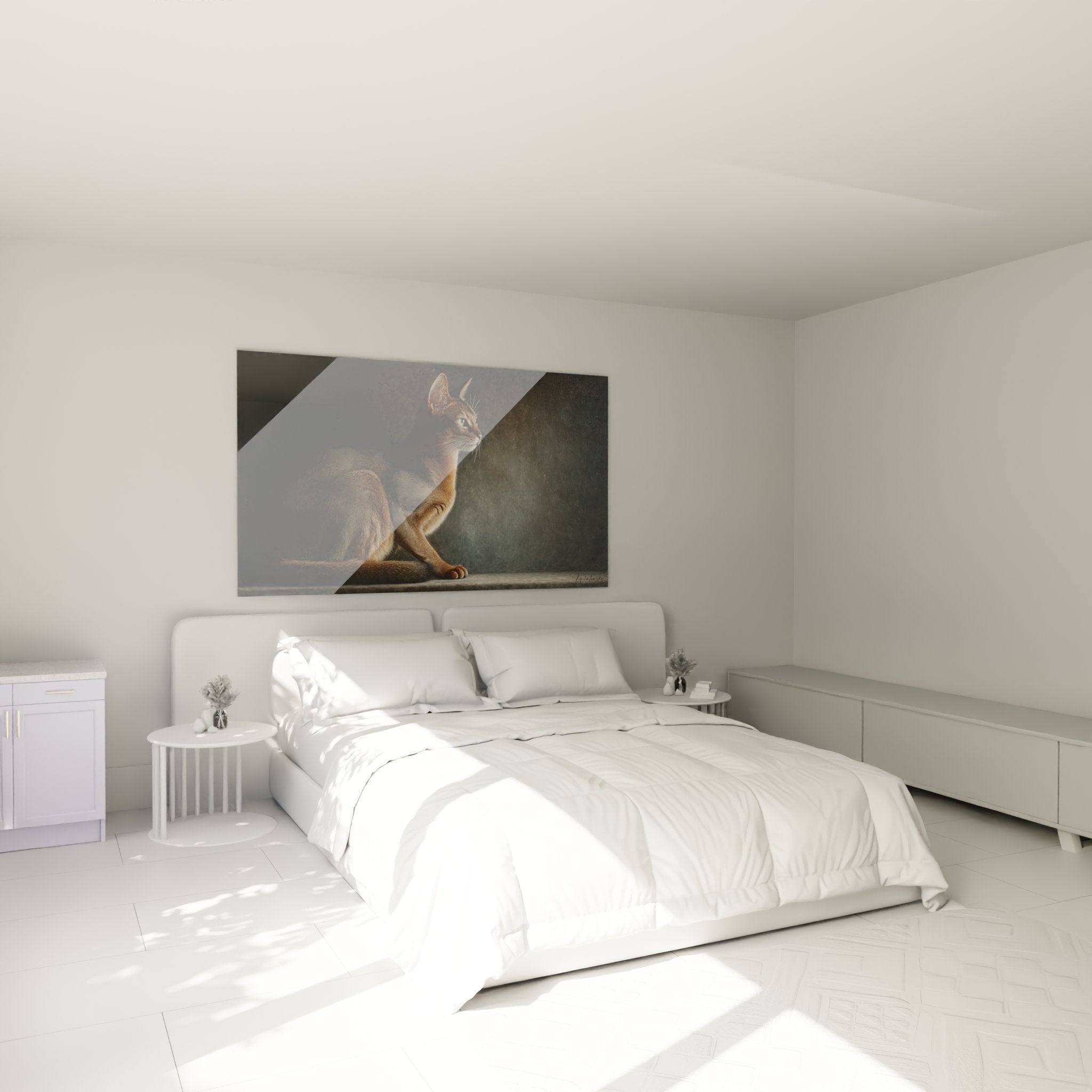 Arredamento camera da letto con quadro gatto Abissino elegante dai toni caldi e rilassanti