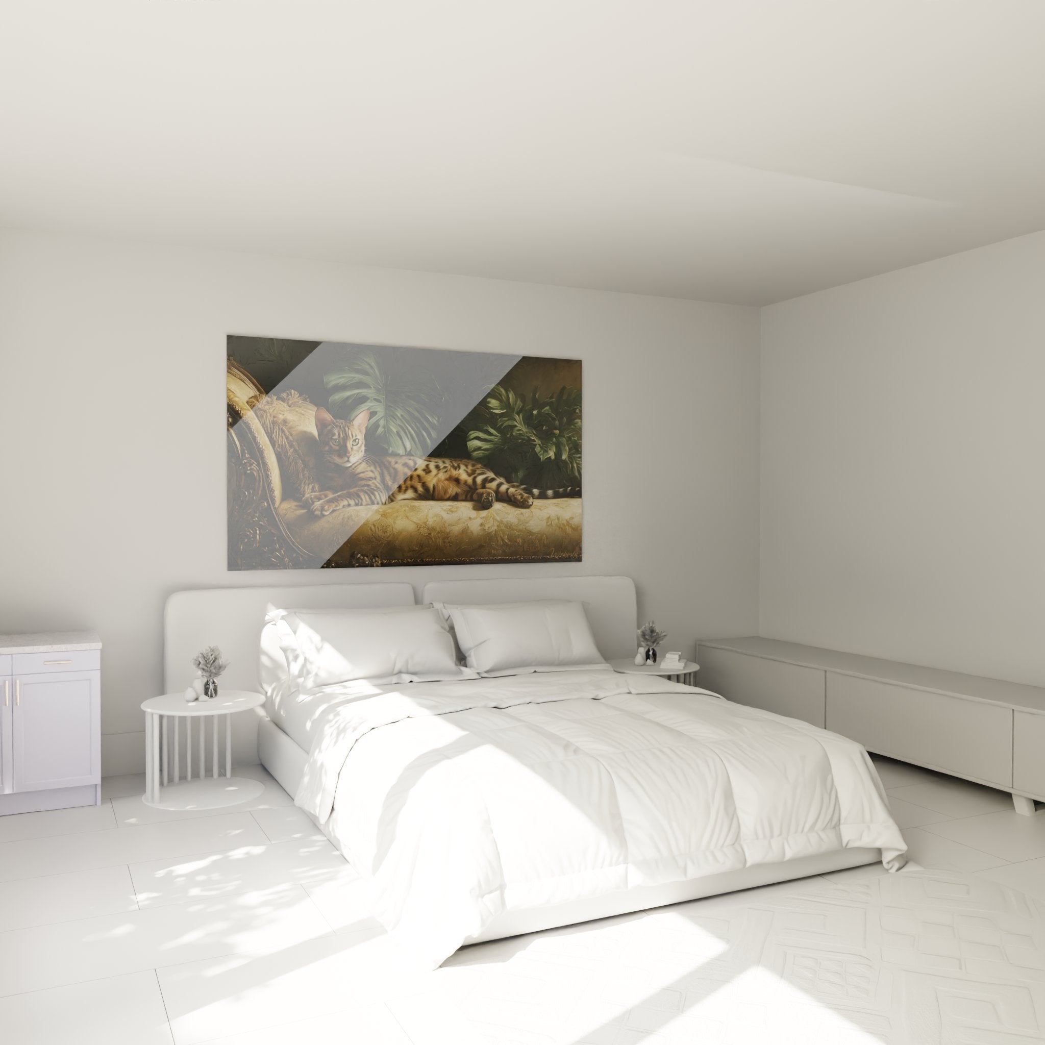 Tableau Bengal dore dans chambre moderne mur blanc decoration murale feline haut de gamme ambiance cosy