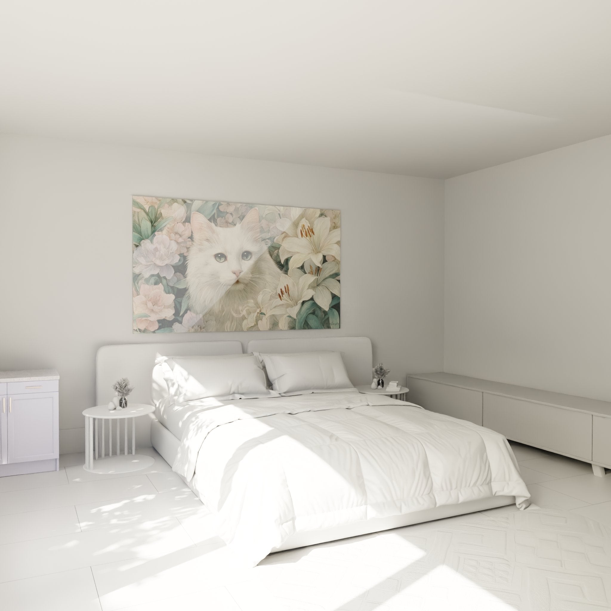 Wall decoration bedroom with Turkish Angora white cat painting in pastel flowers bouquet romantic style