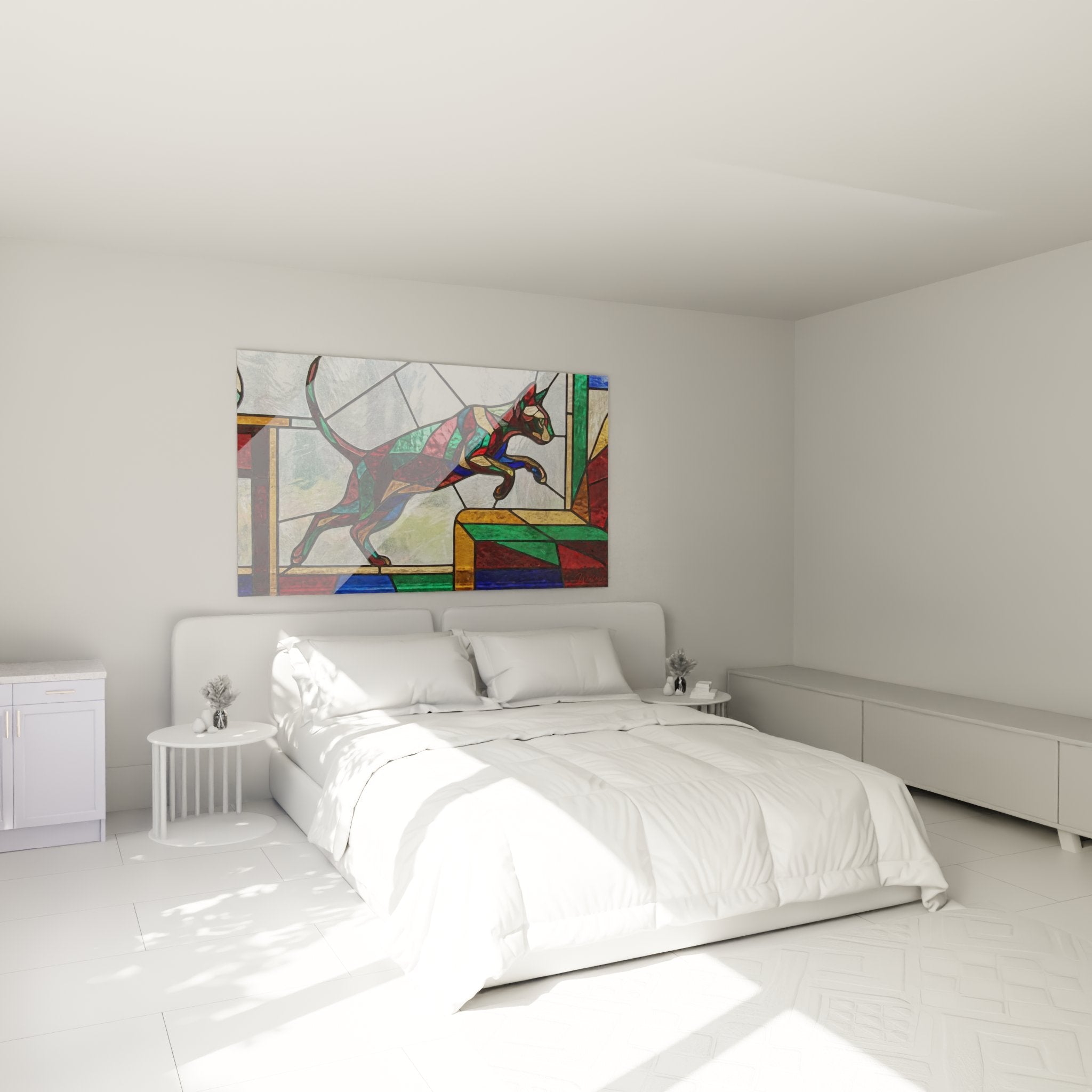 Wanddeko Schlafzimmer Bild Katze Buntglas farbig moderne Atmosphäre Katzenkunst geometrisch