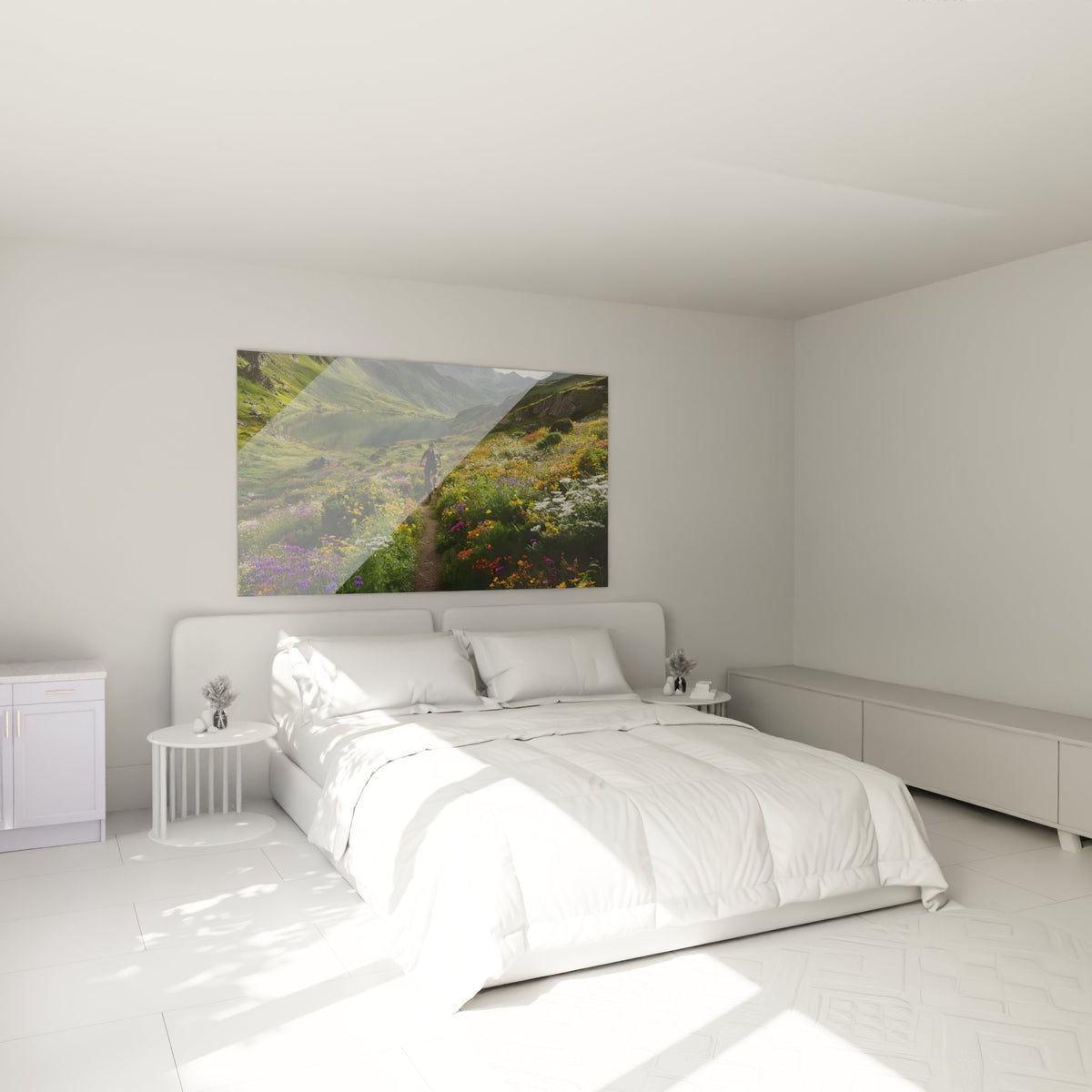 Mountain bike wall decoration in modern bedroom with cyclist on flowery trail and alpine landscape