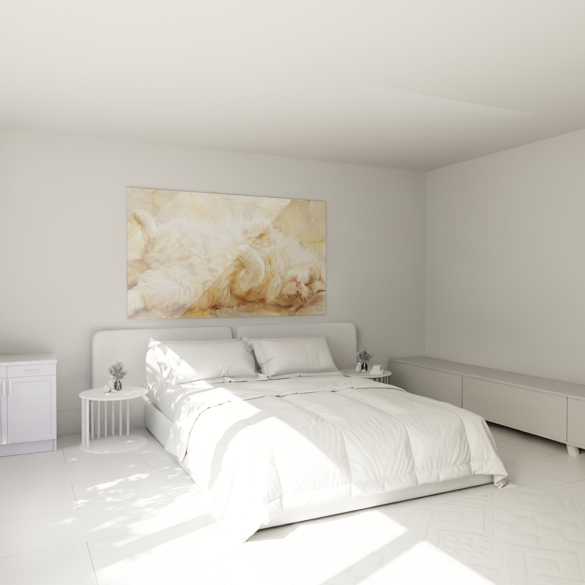 Decorazione camera da letto con quadro gatto Ragdoll addormentato, atmosfera dolce e rilassante, arte murale tonalità calde