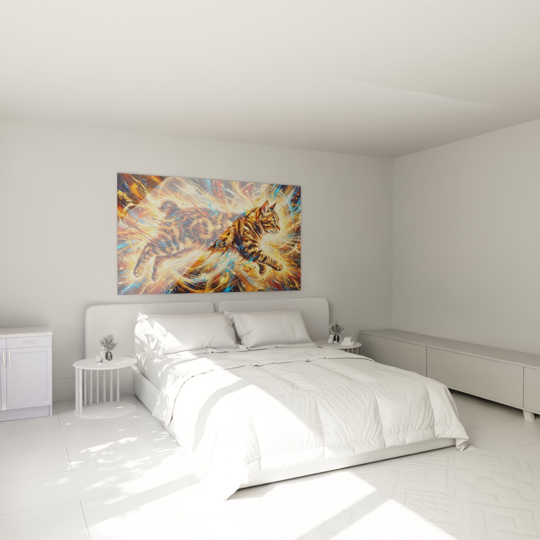 Decorazione murale con quadro di gatto Manx energico in una camera moderna con tonalità neutre