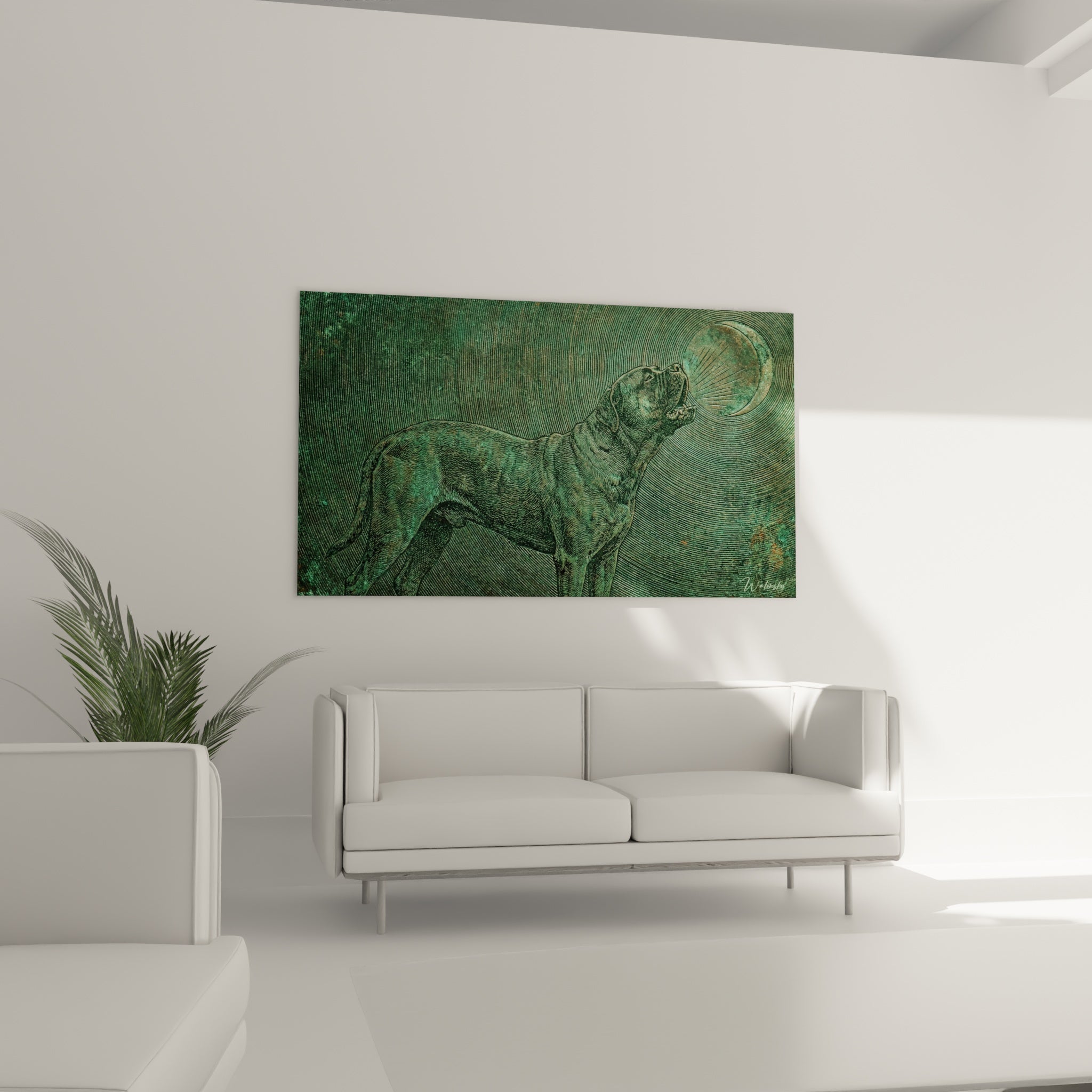 Détail gravure Bullmastiff tons verts hachures artistiques orbe mystique qualité