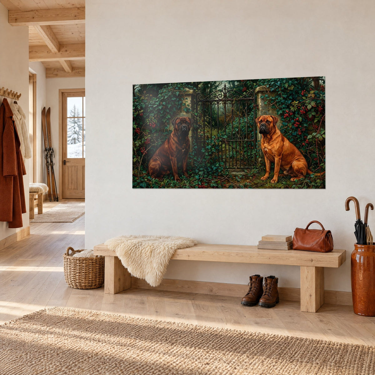 Tableau chiens de garde fauve et acajou flanquant une grille en fer forgé, murs de pierre, banc de bois au chalet