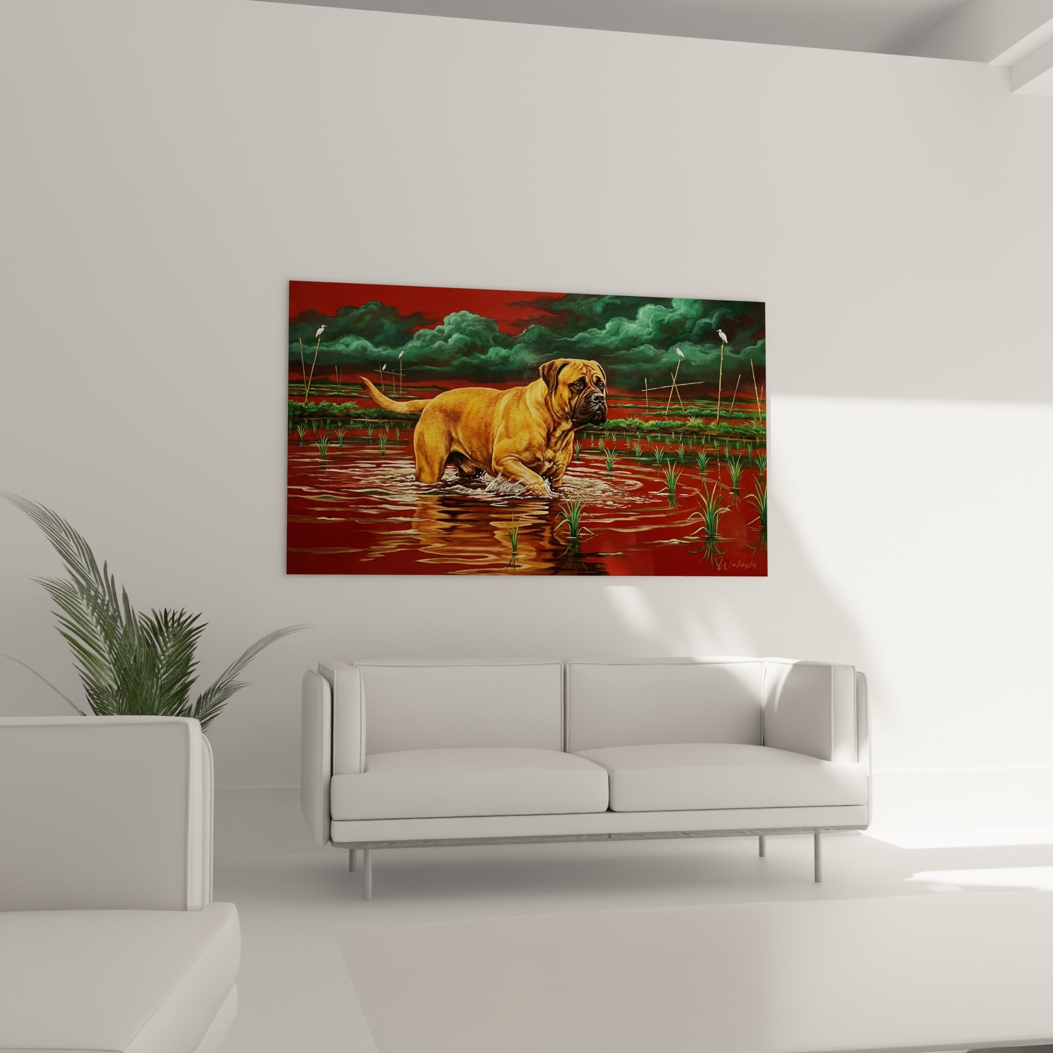 Détail rapproché tableau Bullmastiff pelage doré, reflets cuivrés eau marécage, qualité artistique haute définition