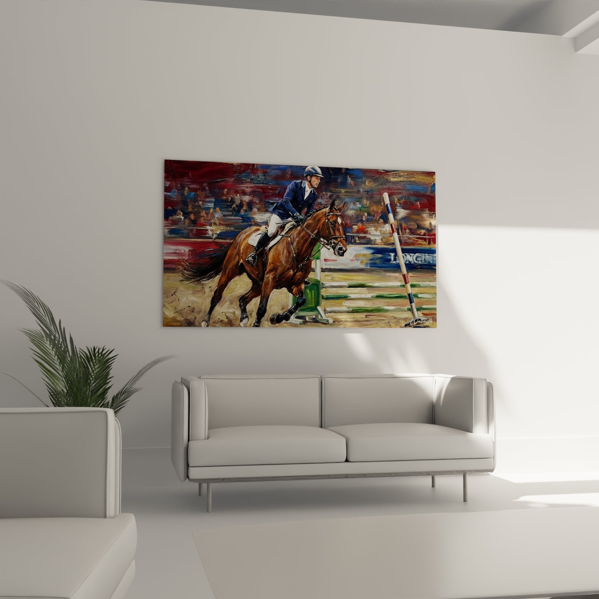 Dettaglio dipinto equestre cavaliere casco bianco giubbotto blu su cavallo sauro in azione salto ostacoli