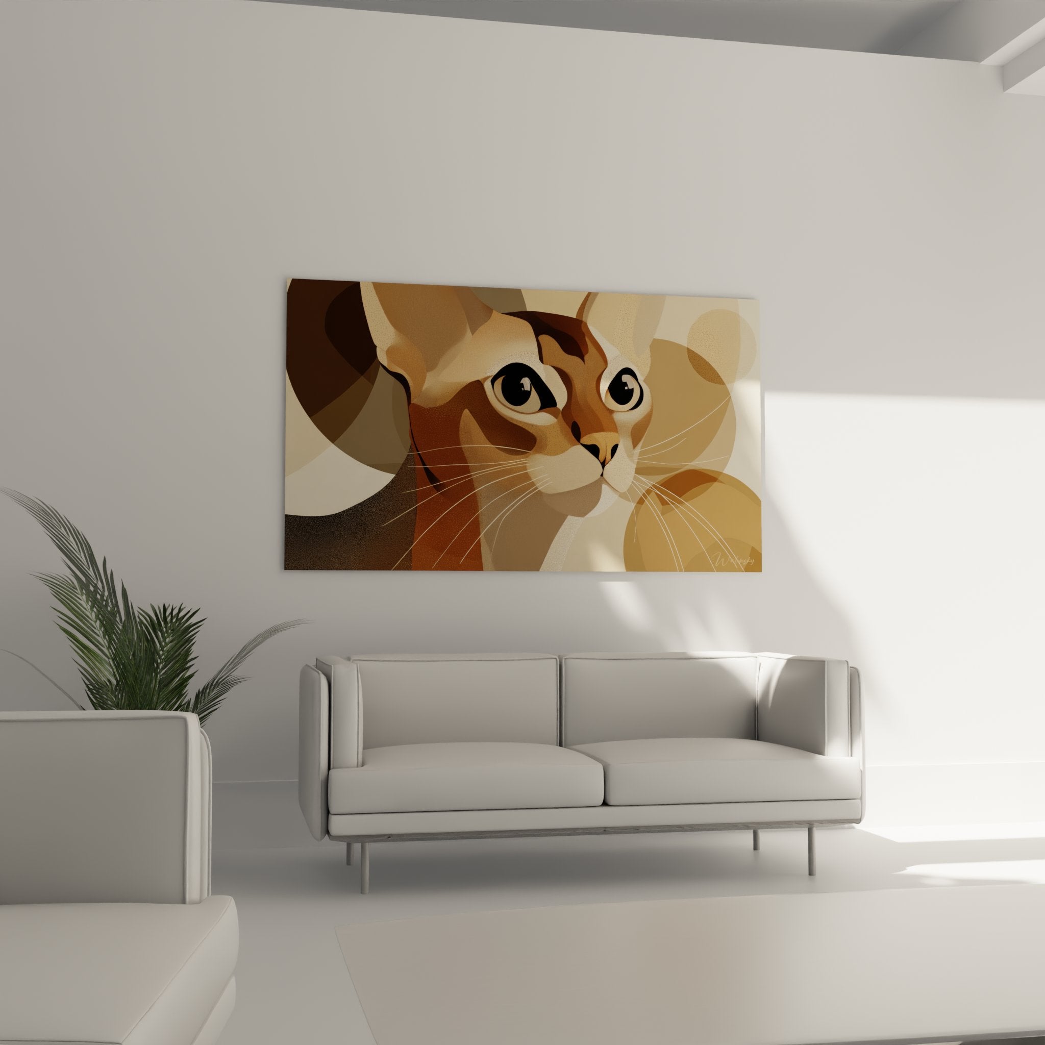 Close-up detail of Singapura cat painting abstract art expressive eyes geometric shapes beige and gold tones