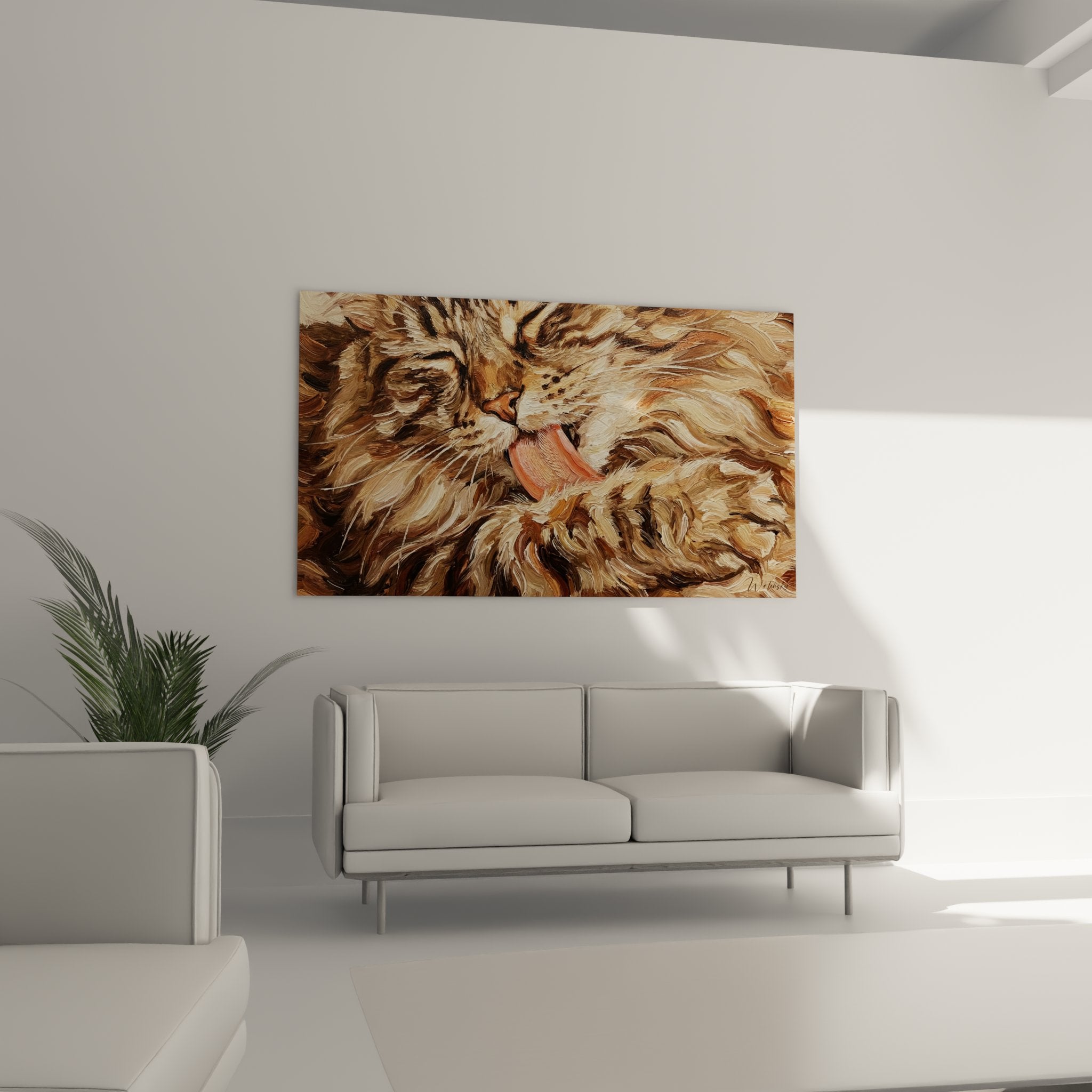 Primo piano quadro gatto Ragamuffin pittura dettagliata pelliccia setosa lingua rosa, arte animale alta qualità