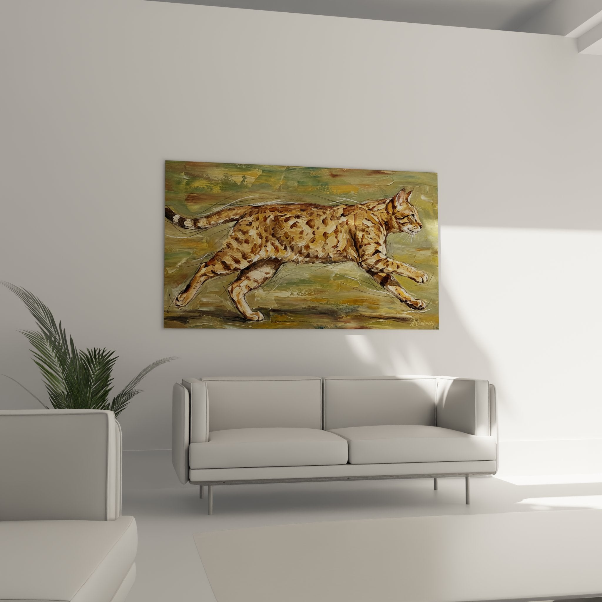 Detail peinture chat Ocicat taches ocellees pelage fauve, technique picturale expressionniste art animalier