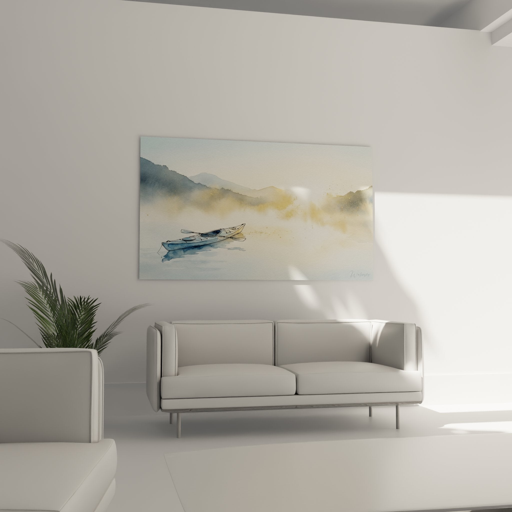 Détail peinture aquarelle kayak bleu sur eau calme avec reflets et technique artistique visible