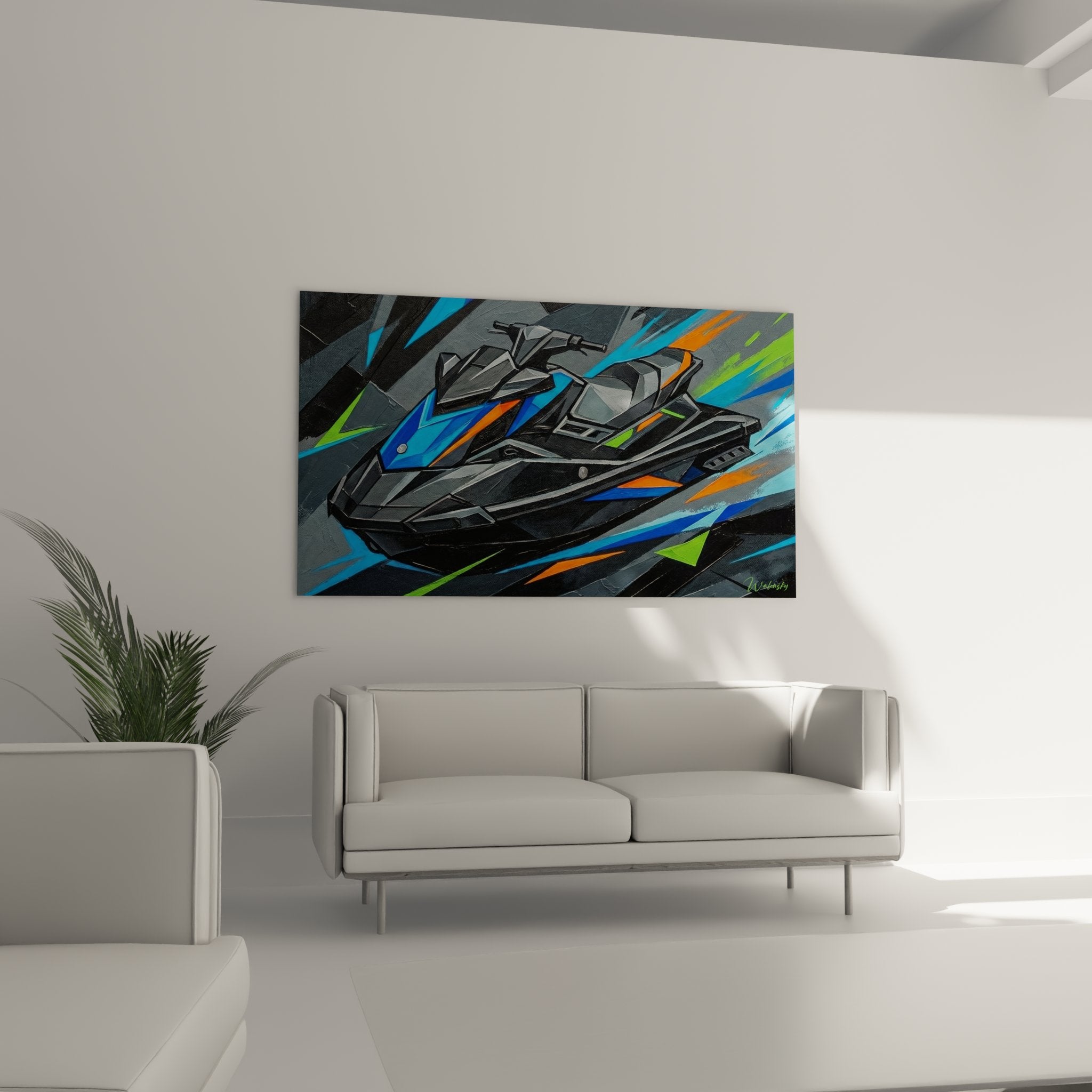 Detail tableau jetski art urbain couleurs vives bleu orange vert traits geometriques