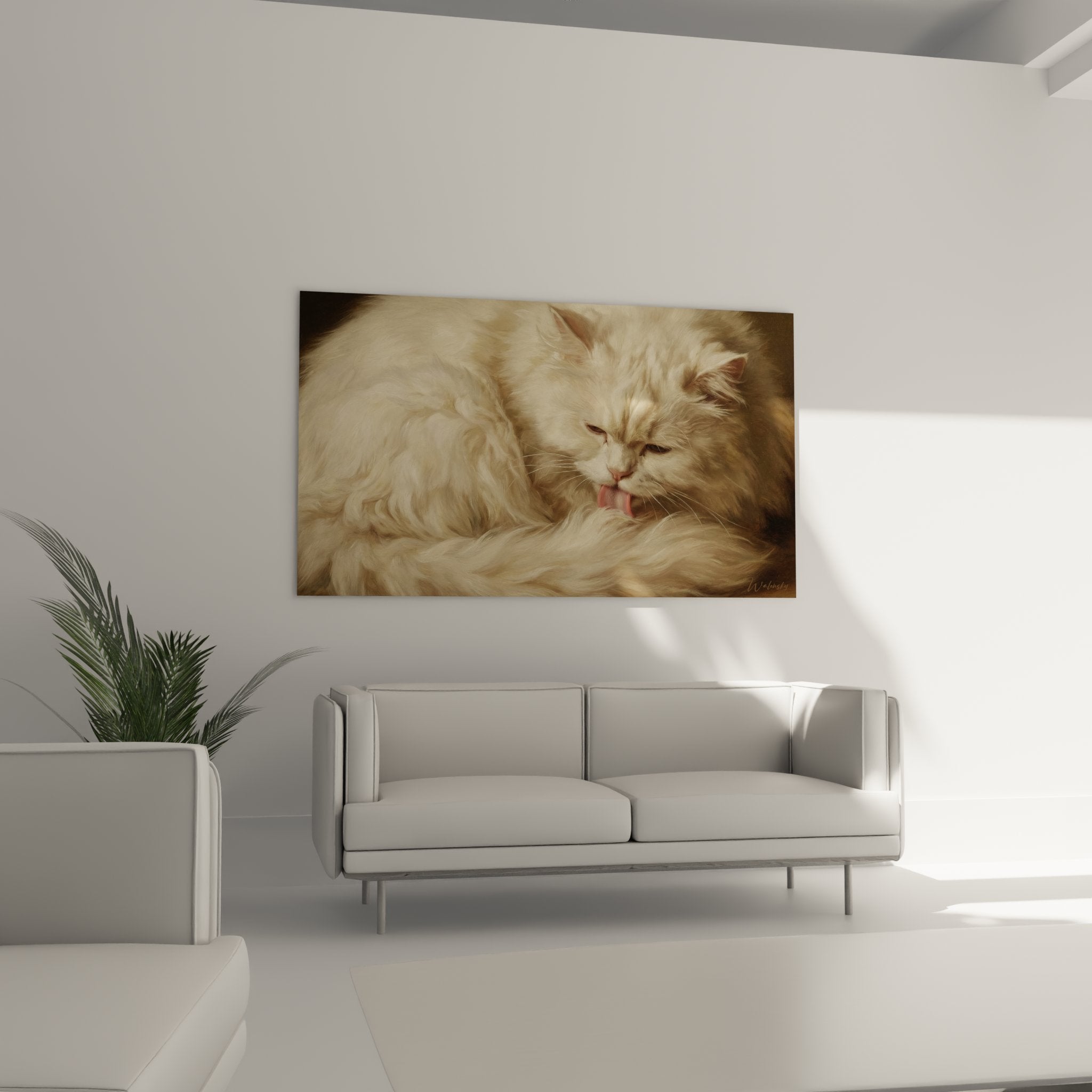 Close-up white Persian cat painting licking itself, silky fur details, serene expression, feline art