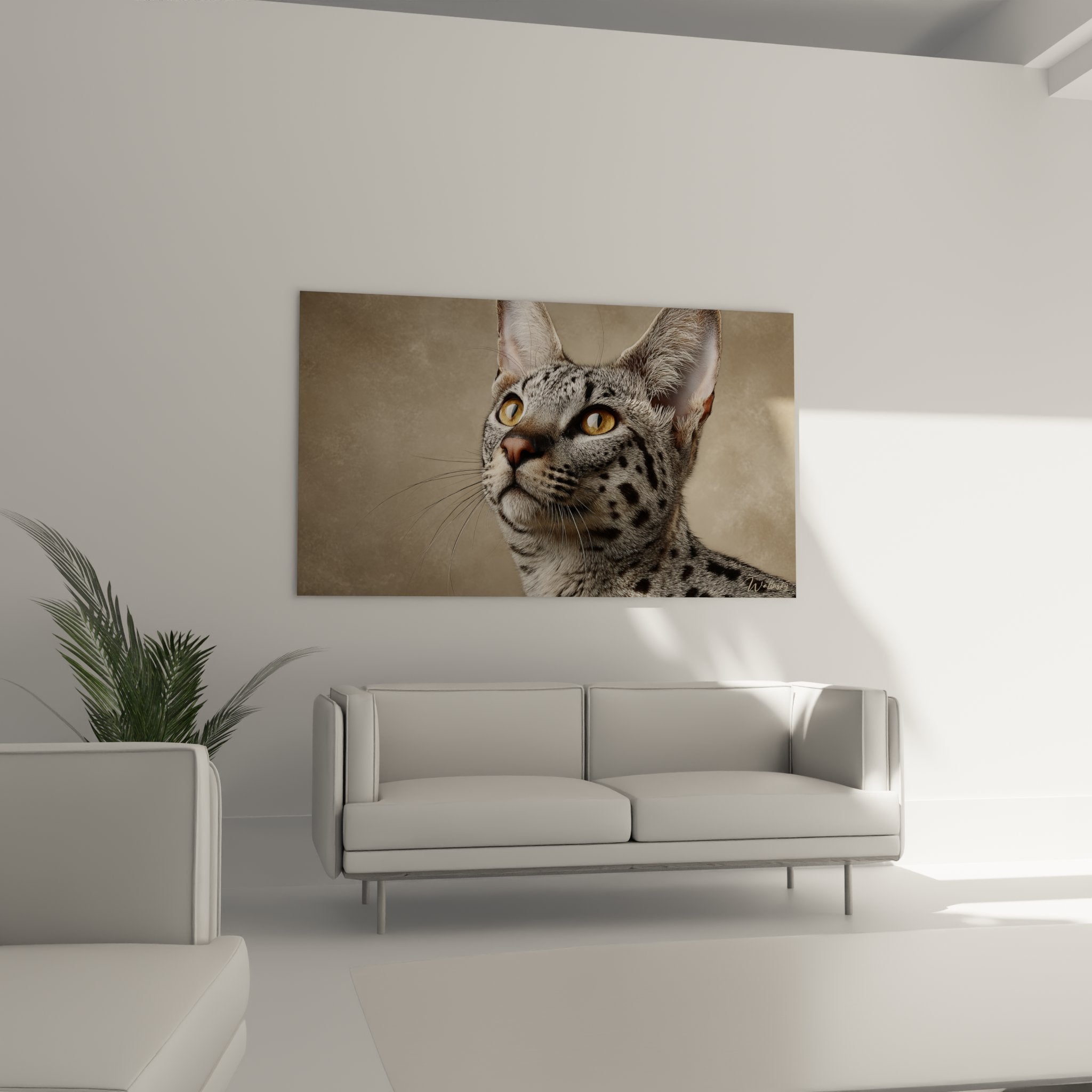 Gros plan tableau chat Savannah, détails yeux ambrés captivants et pelage argenté tacheté réaliste