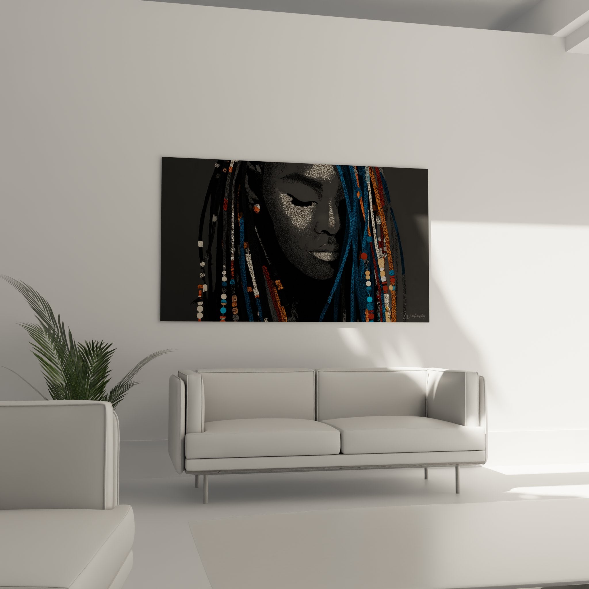 Dettaglio primo piano quadro donna africana tecnica pointillismo parure perle tessiture colorate moderno