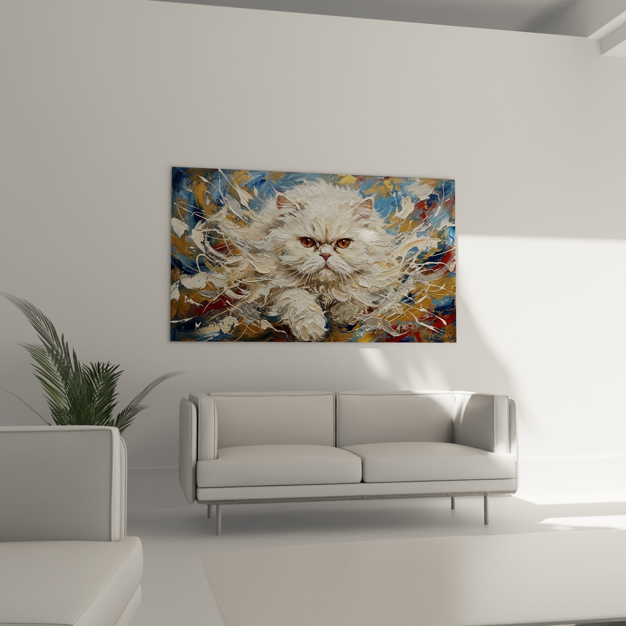 Détail peinture chat persan blanc texturée avec yeux orange expressifs coups pinceau