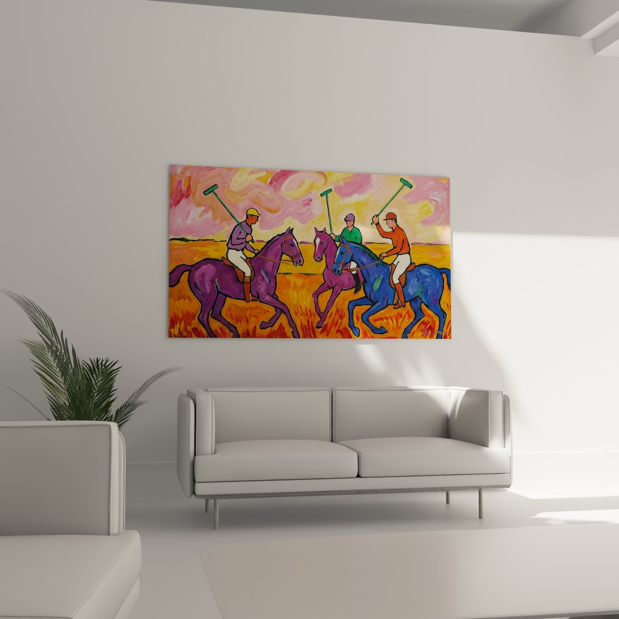 Detail polo painting showing brushwork technique and vibrant colors of riders and horses in motion