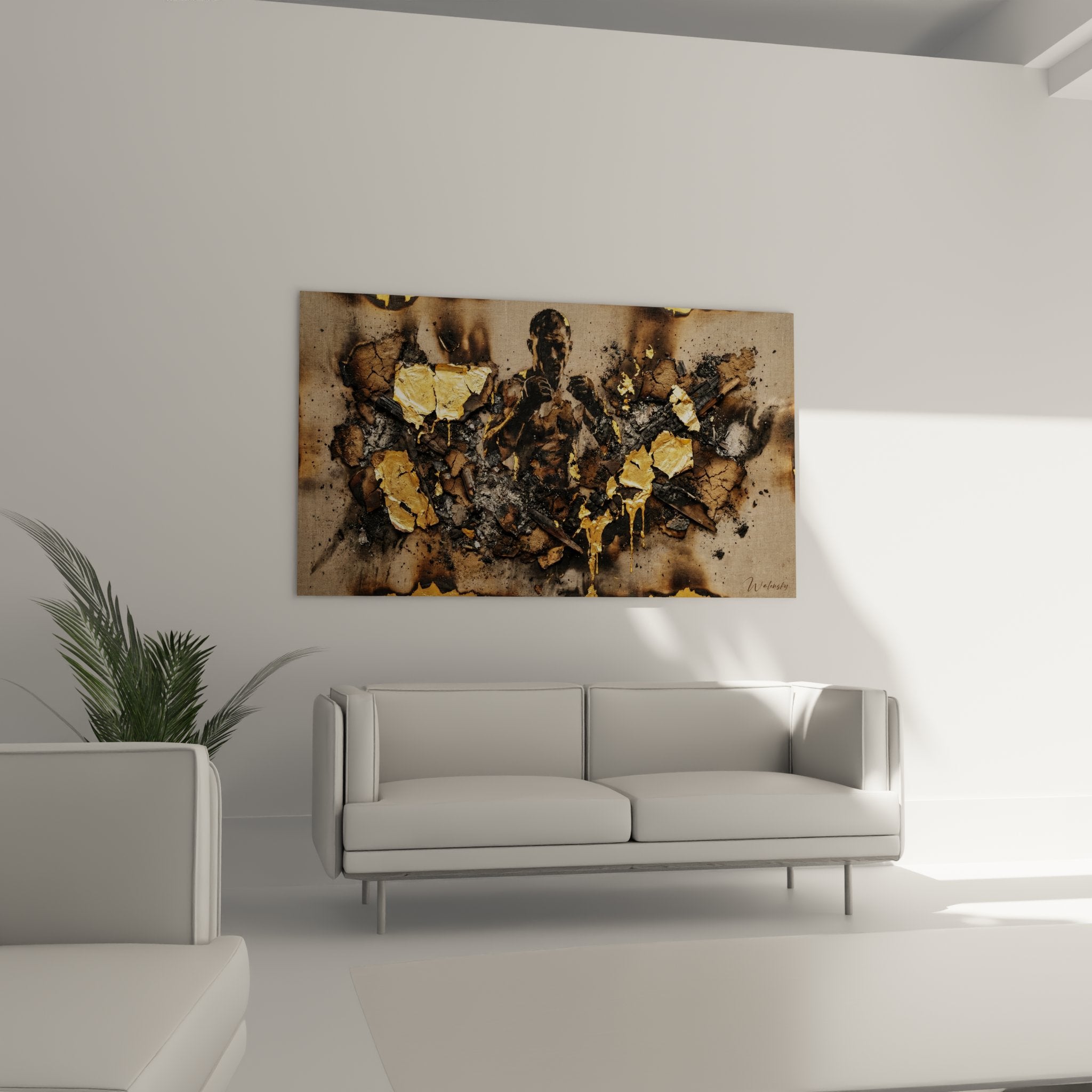 Detail texture tableau MMA montrant elements dores et matiere rugueuse style combat explosif