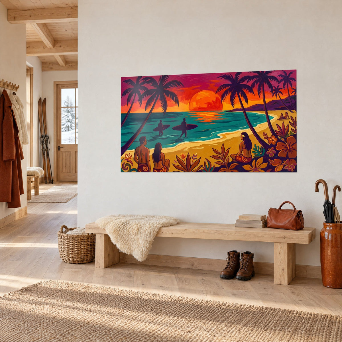 Wall art silhouetted surfers in a turquoise sea, purple and orange sky, hung on a white chalet entrance wall