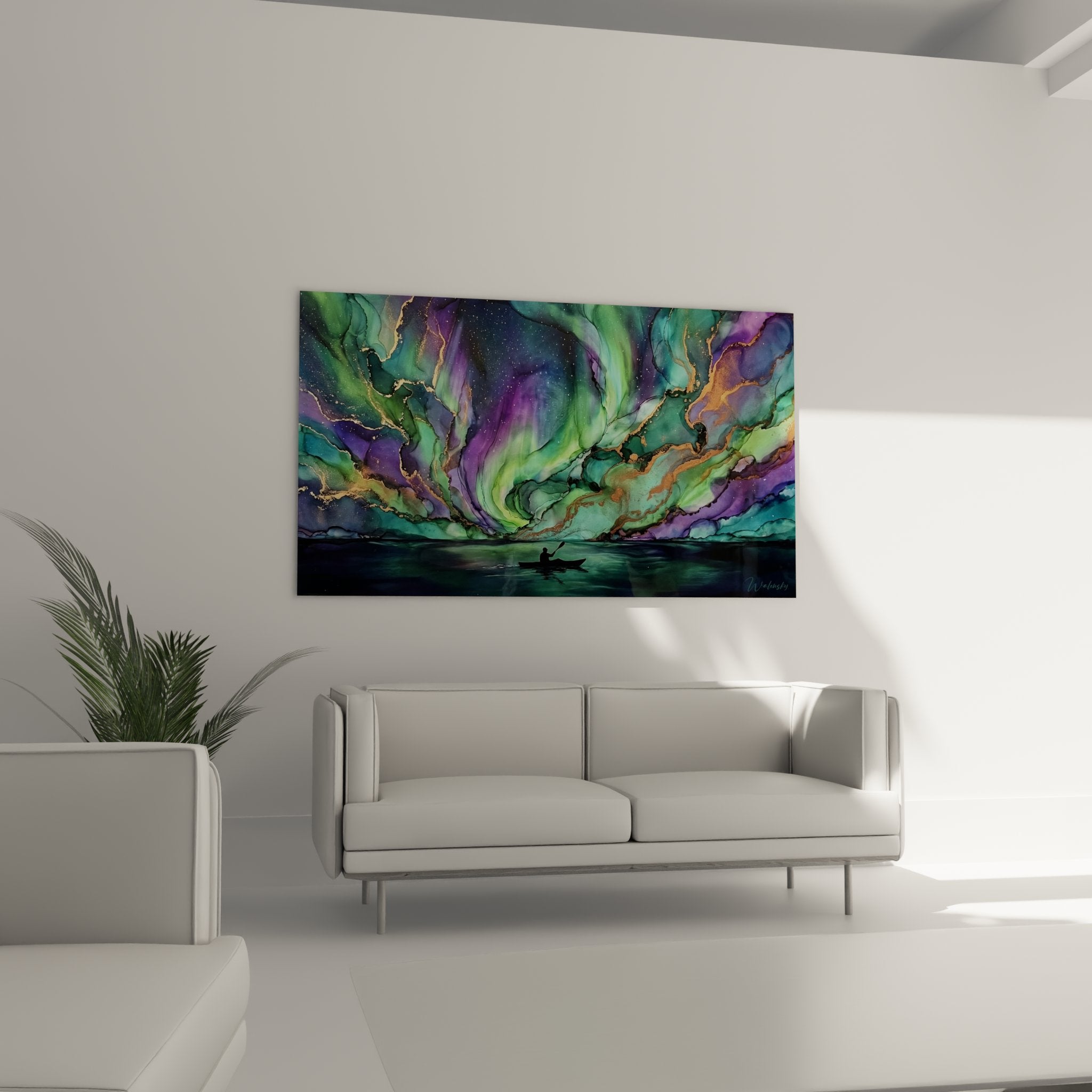 Northern lights wall art detail, fluid golden green purple textures, premium quality mural art