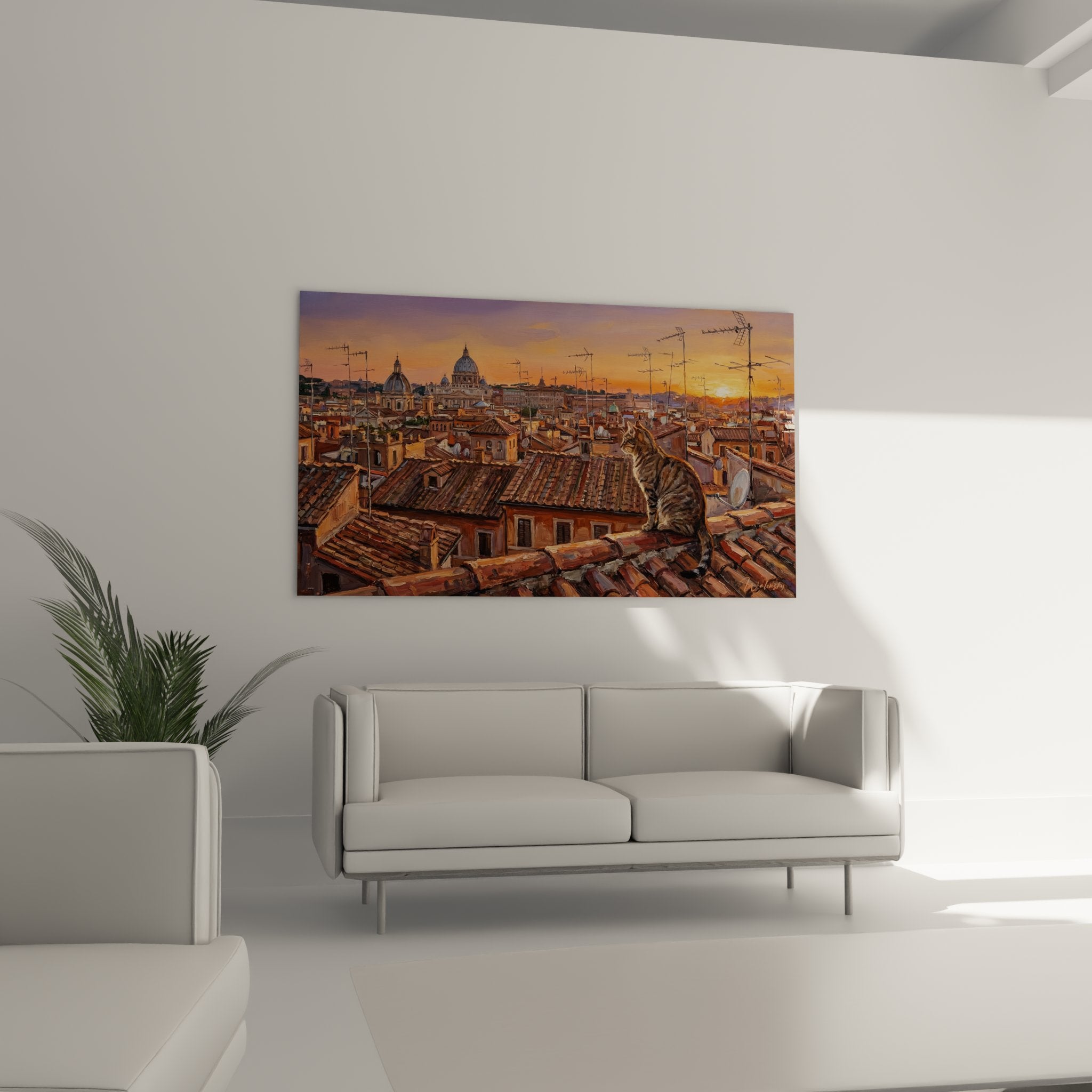 Detail peinture chat European Shorthair contemplatif sur tuiles terre cuite romaines traditionnelles