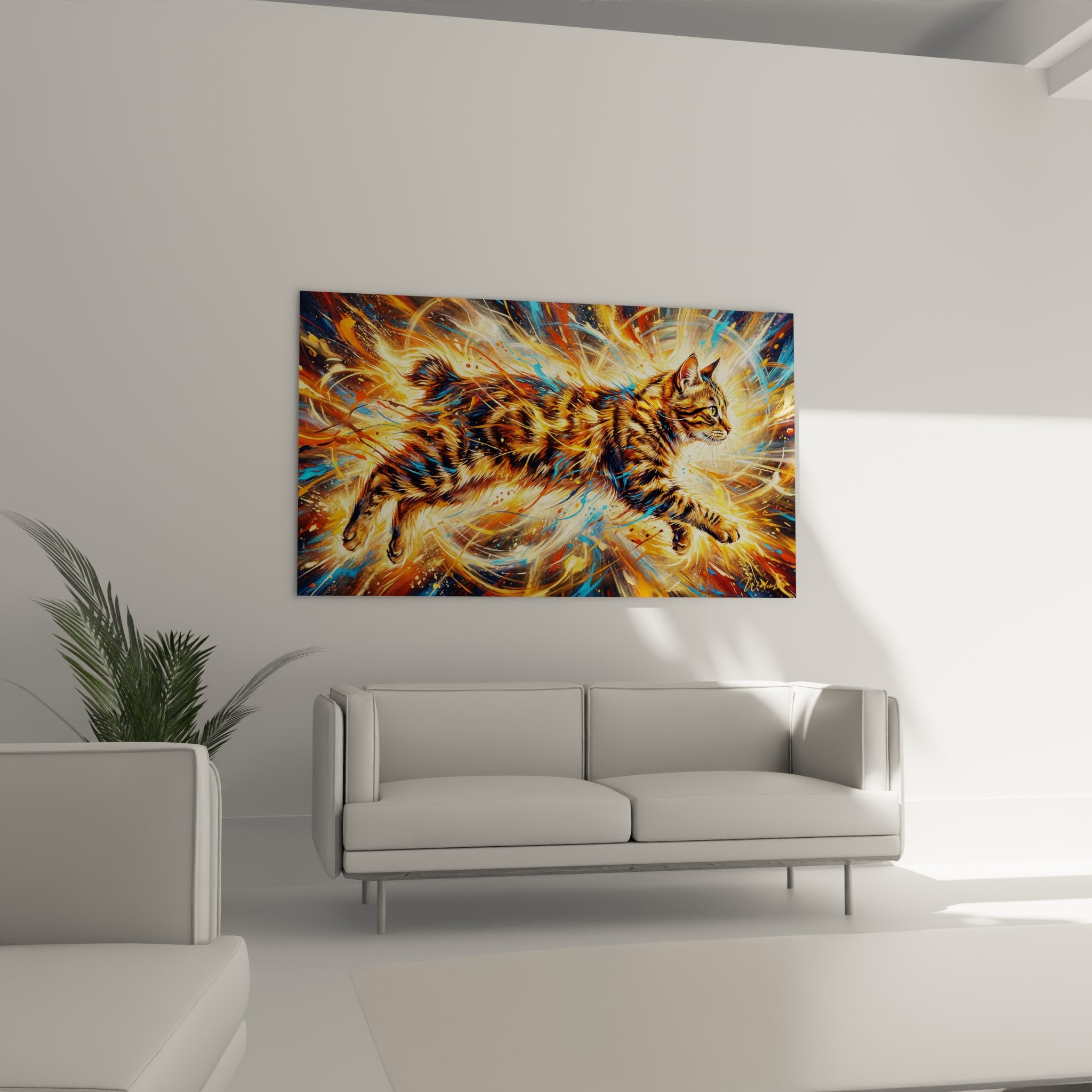 Dettaglio del mantello realistico del gatto Manx tabby circondato da effetti luminosi dorati e particelle brillanti