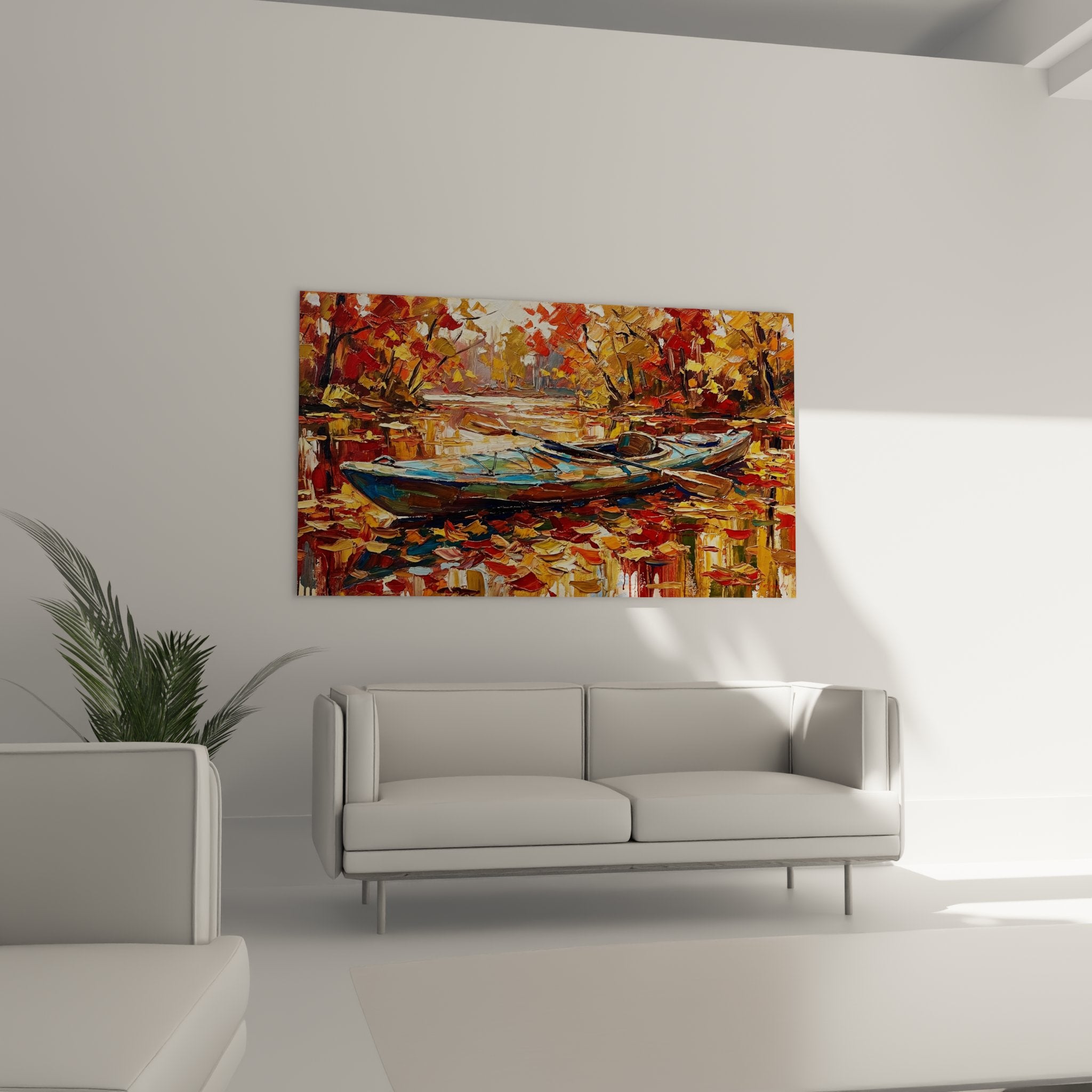 Dettaglio texture impasti pittura kayak con foglie autunnali dorate e arancioni