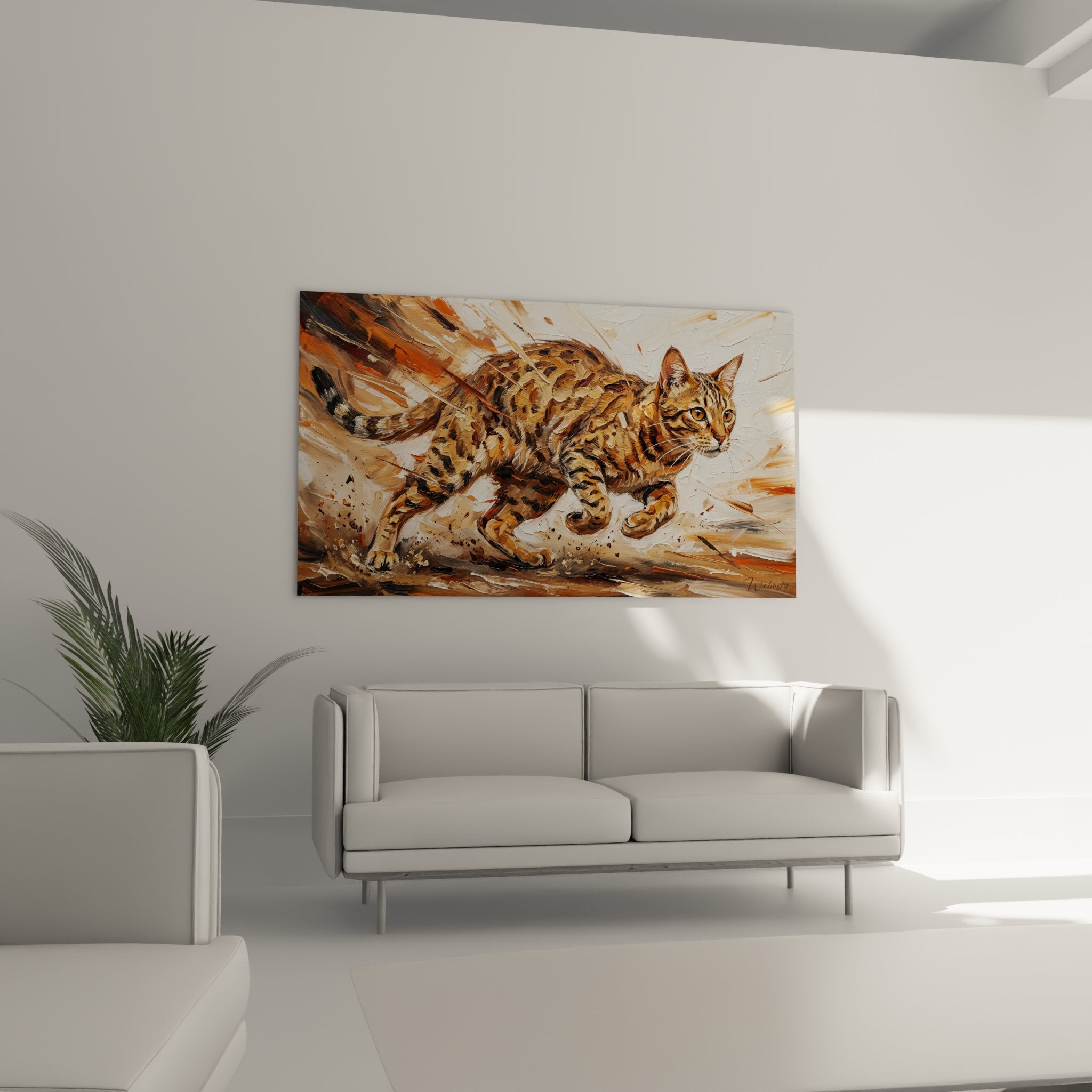 Detail peinture chat Ocicat montrant les taches caracteristiques et technique picturale expressionniste