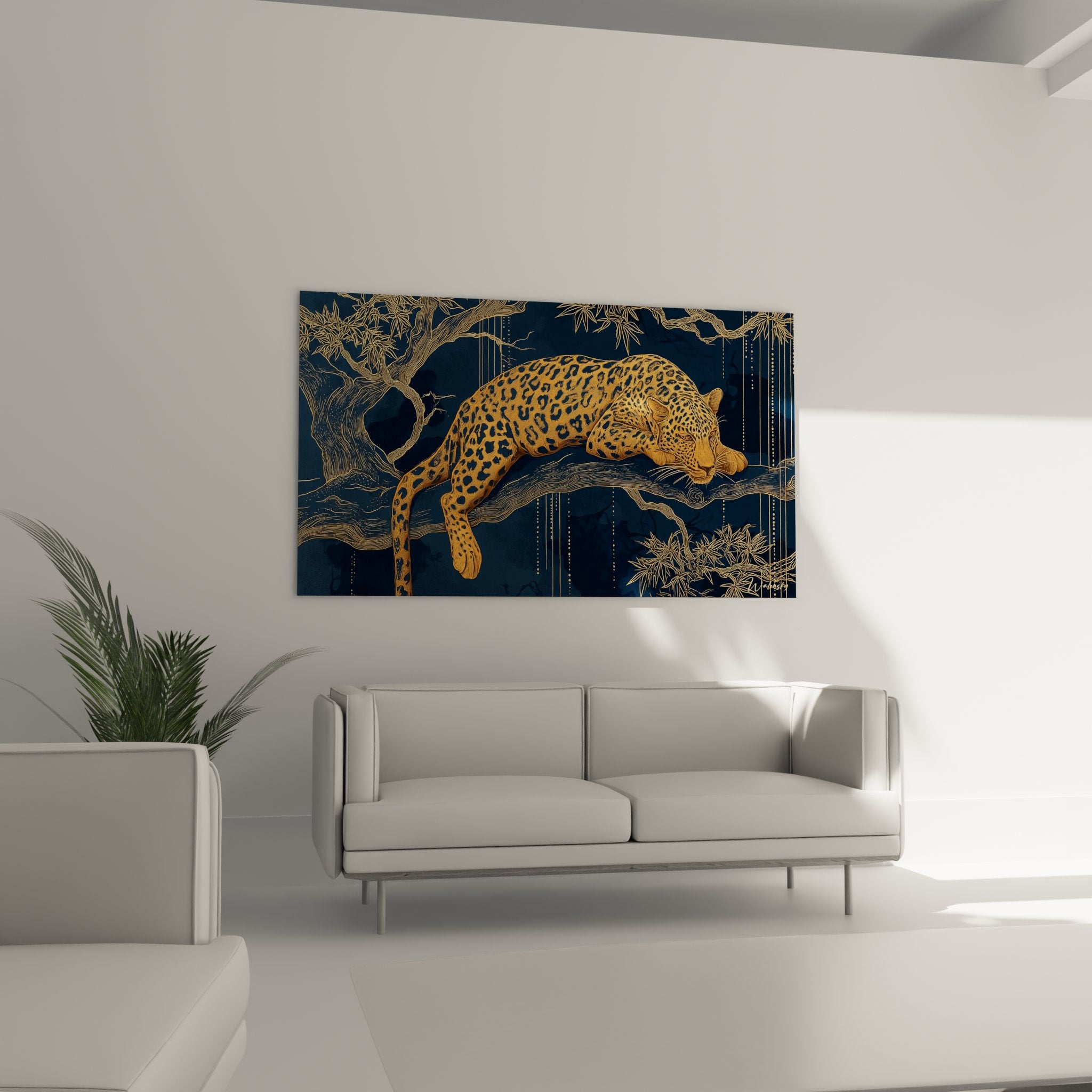 Dettaglio ravvicinato quadro leopardo Art déco, mantello maculato e linee dorate geometriche raffinate
