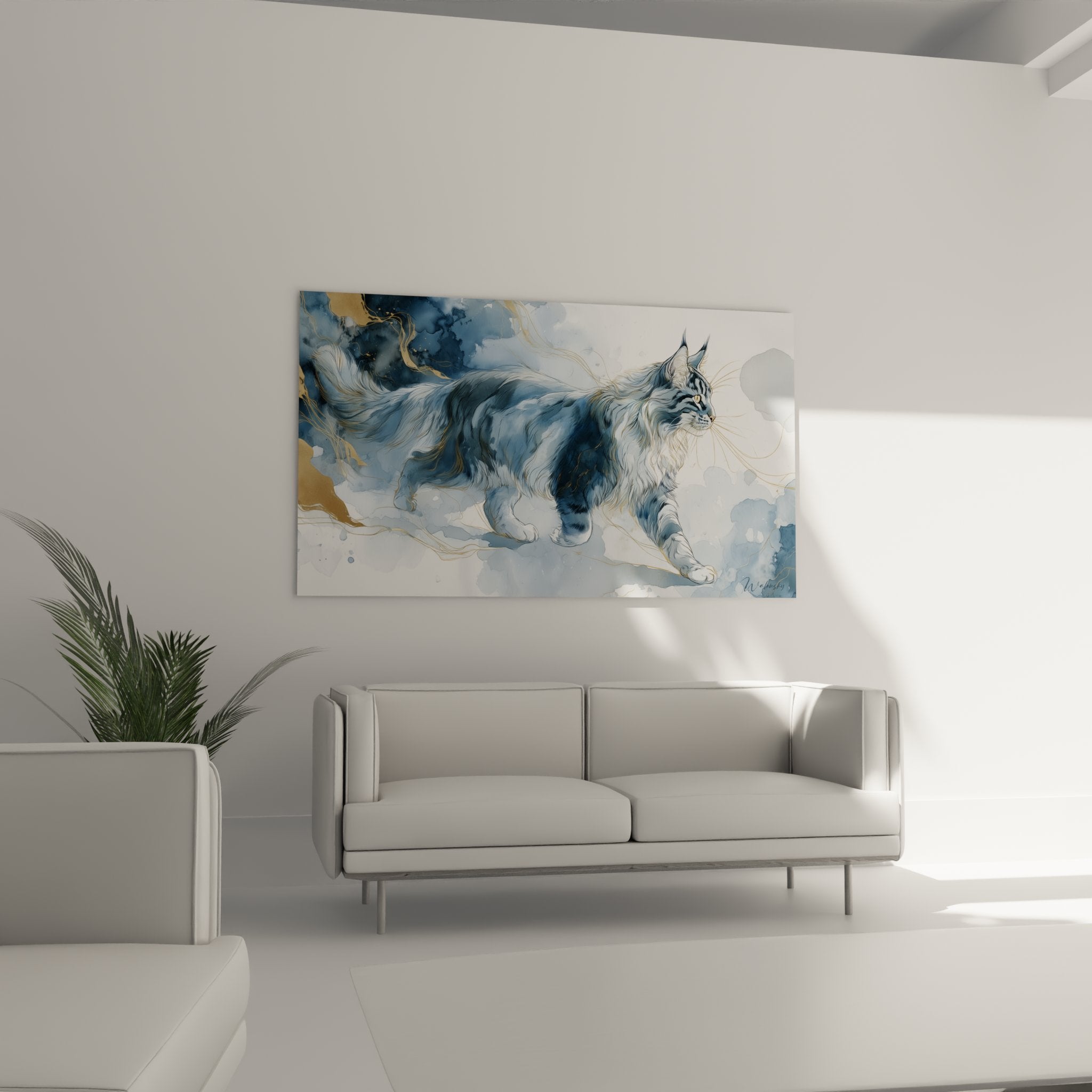 Aquarellpinsel-Details Mainecoon, blaue Felltextur und künstlerische goldene Akzente