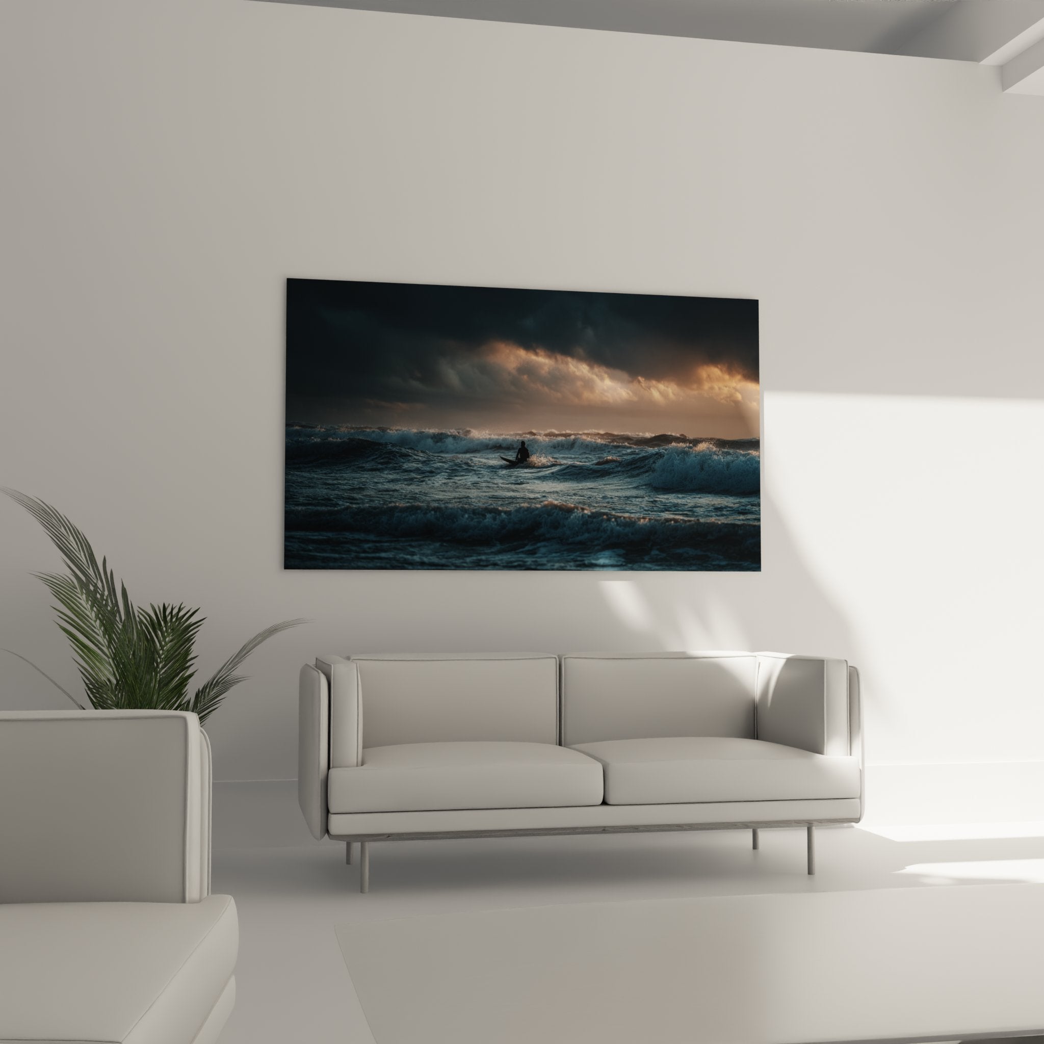 Détail tableau surfeur dans vagues avec texture écume et reflets dorés dramatiques