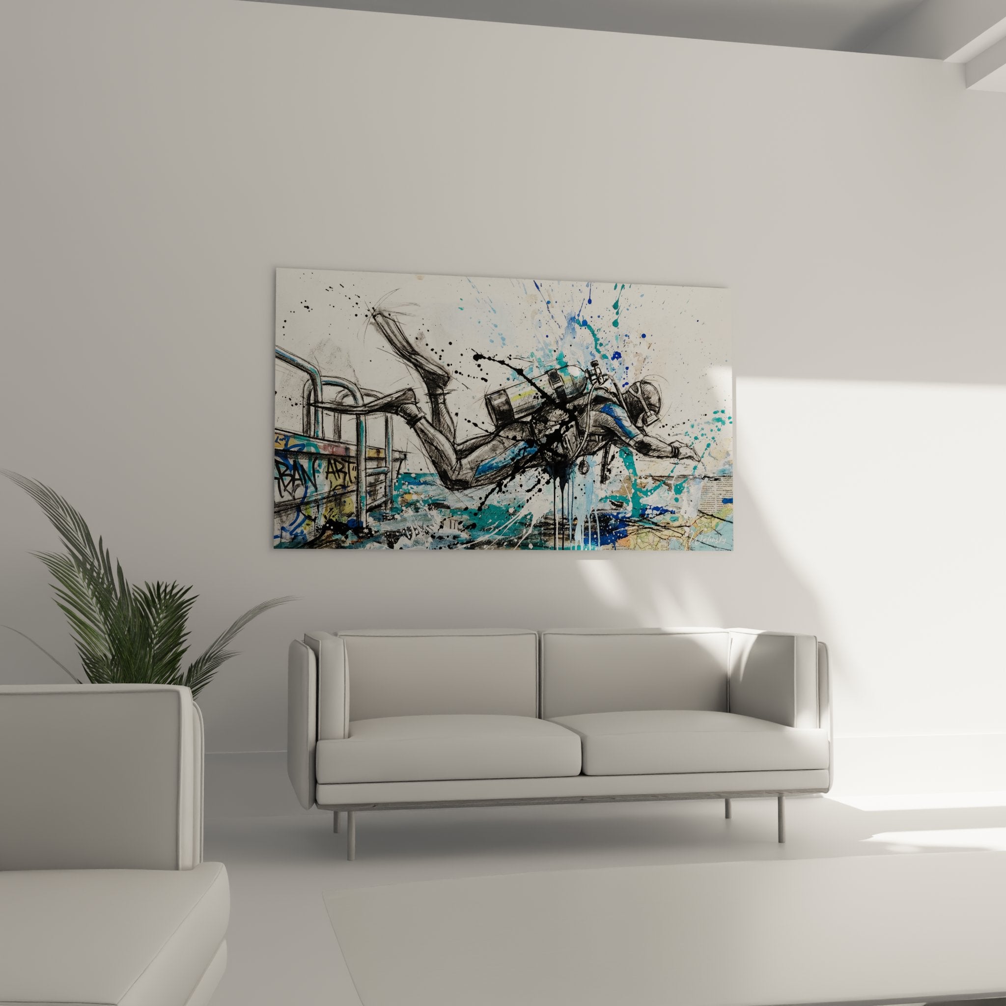 Détail du tableau plongeur montrant les techniques mixtes entre dessin et peinture abstraite marine