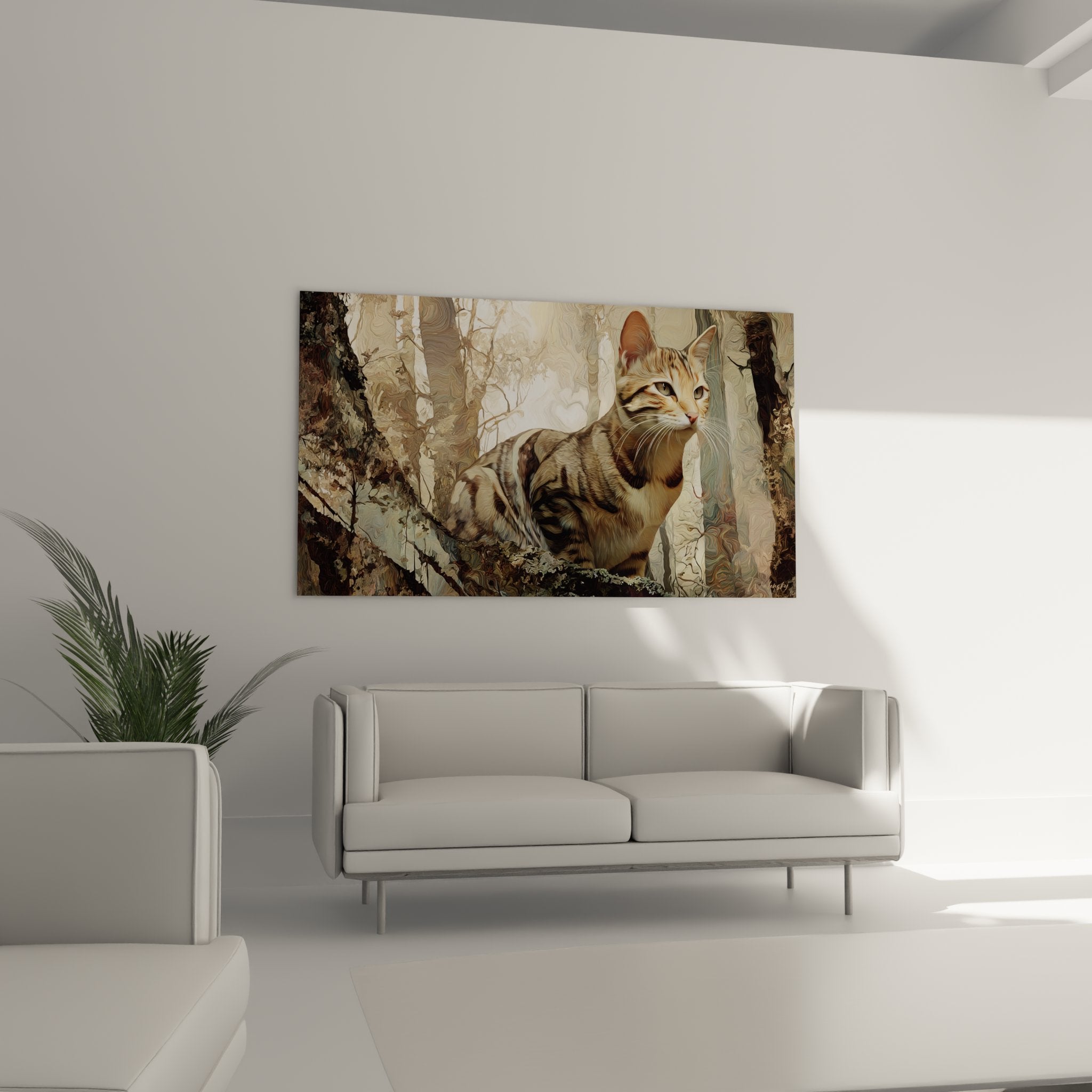 Détail du pelage tigré et du regard perçant du chat Sokoke dans ce tableau artistique forestier
