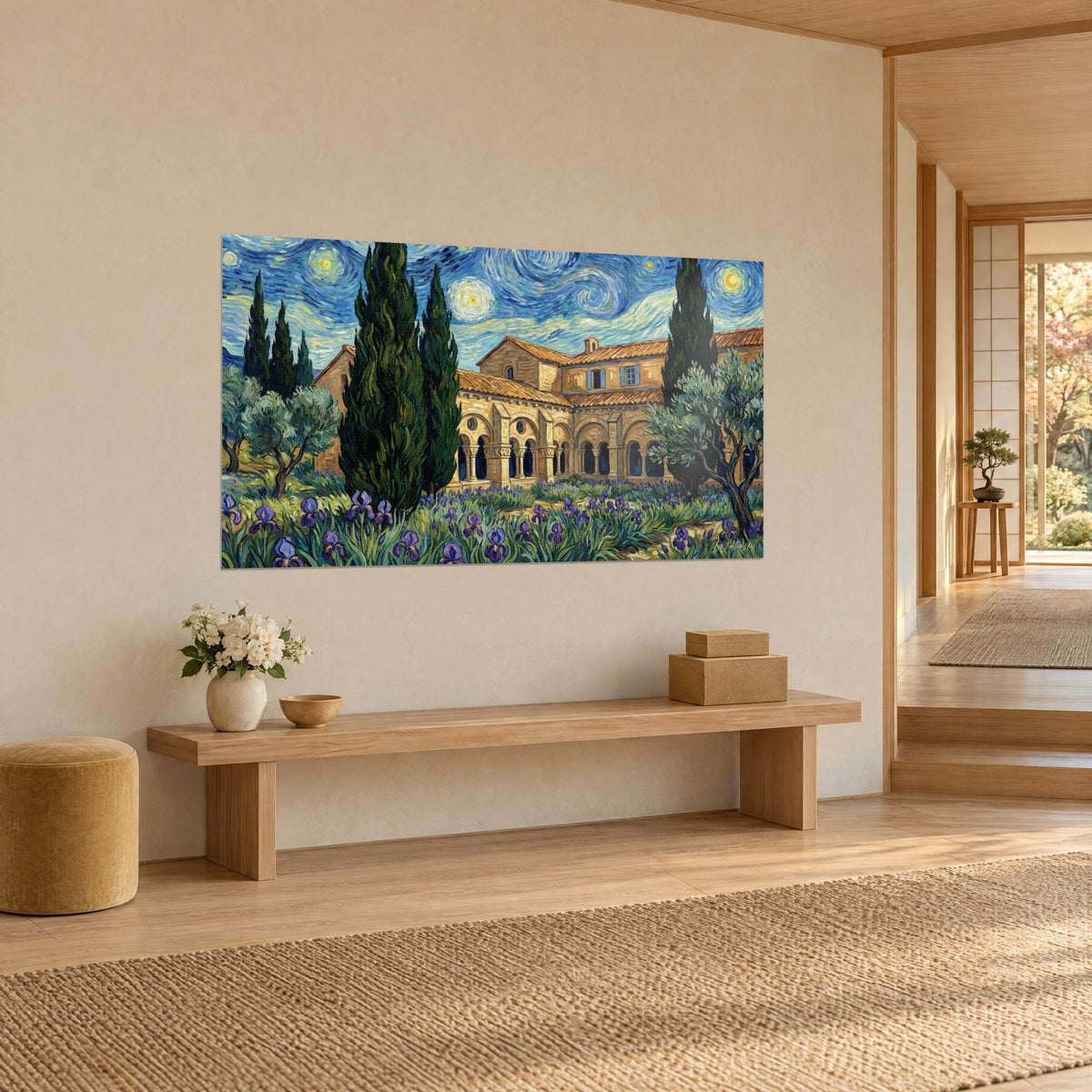 Quadro Chiostro di pietra ocra con archi romanici, tetti in tegole arancioni, ulivi argentei, su una parete color crema in vista di tre quarti
