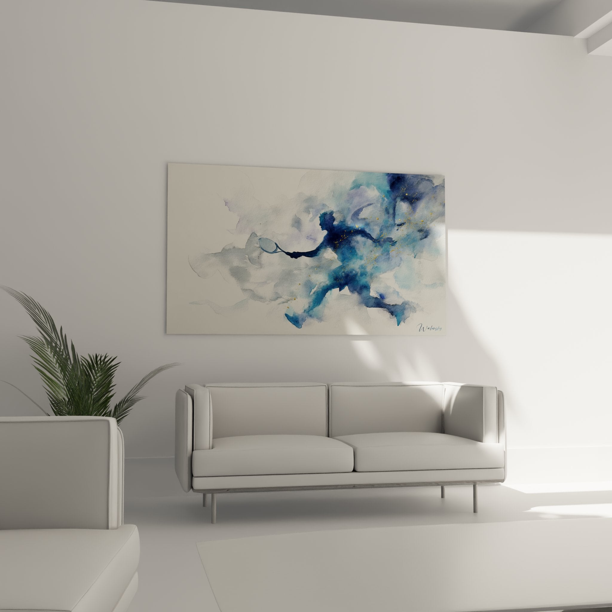 Détail rapproché des nuances bleues et touches dorées de l'aquarelle abstraite fluide