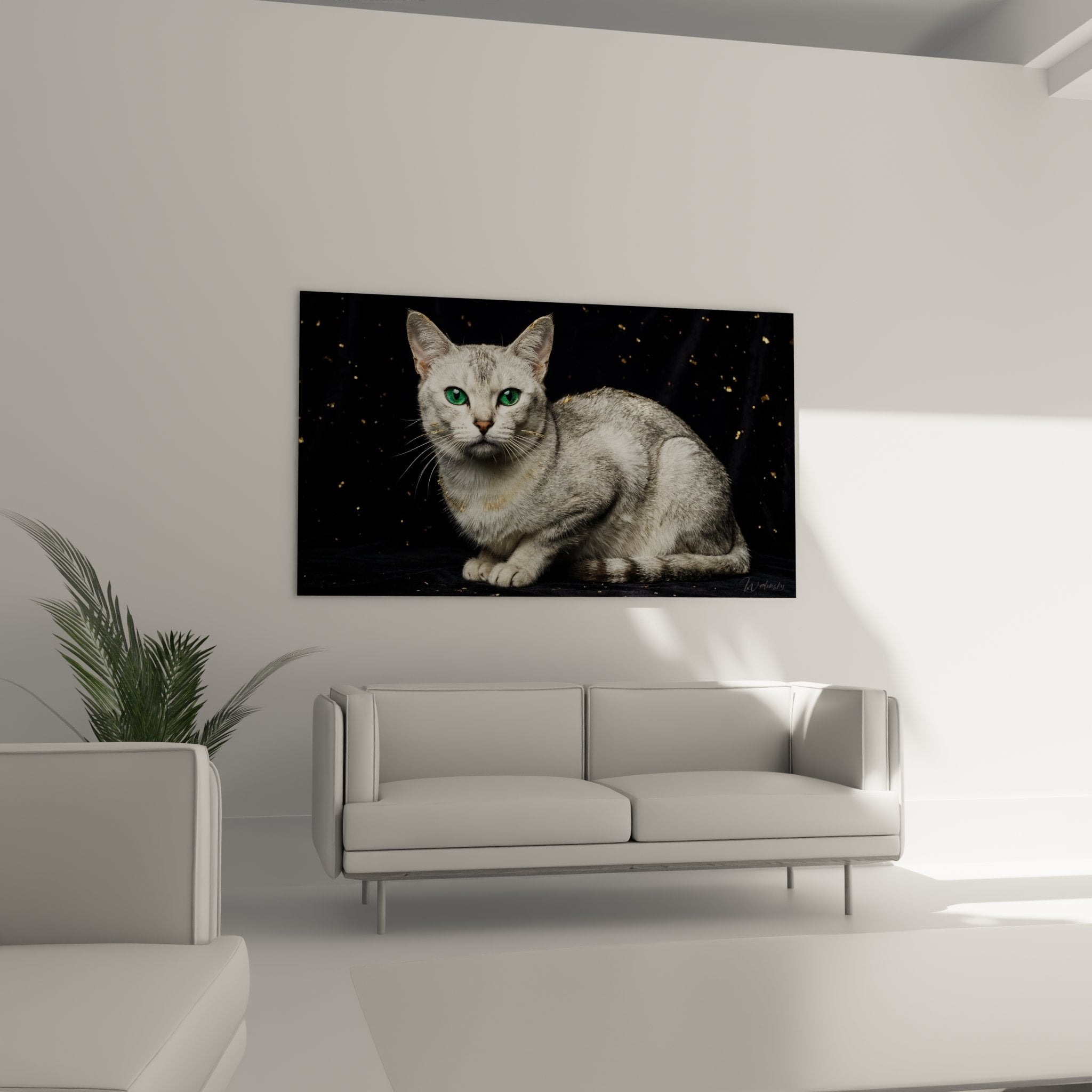 Gros plan tableau chat Burmilla, details pelage argente et yeux verts profonds, art mural felin