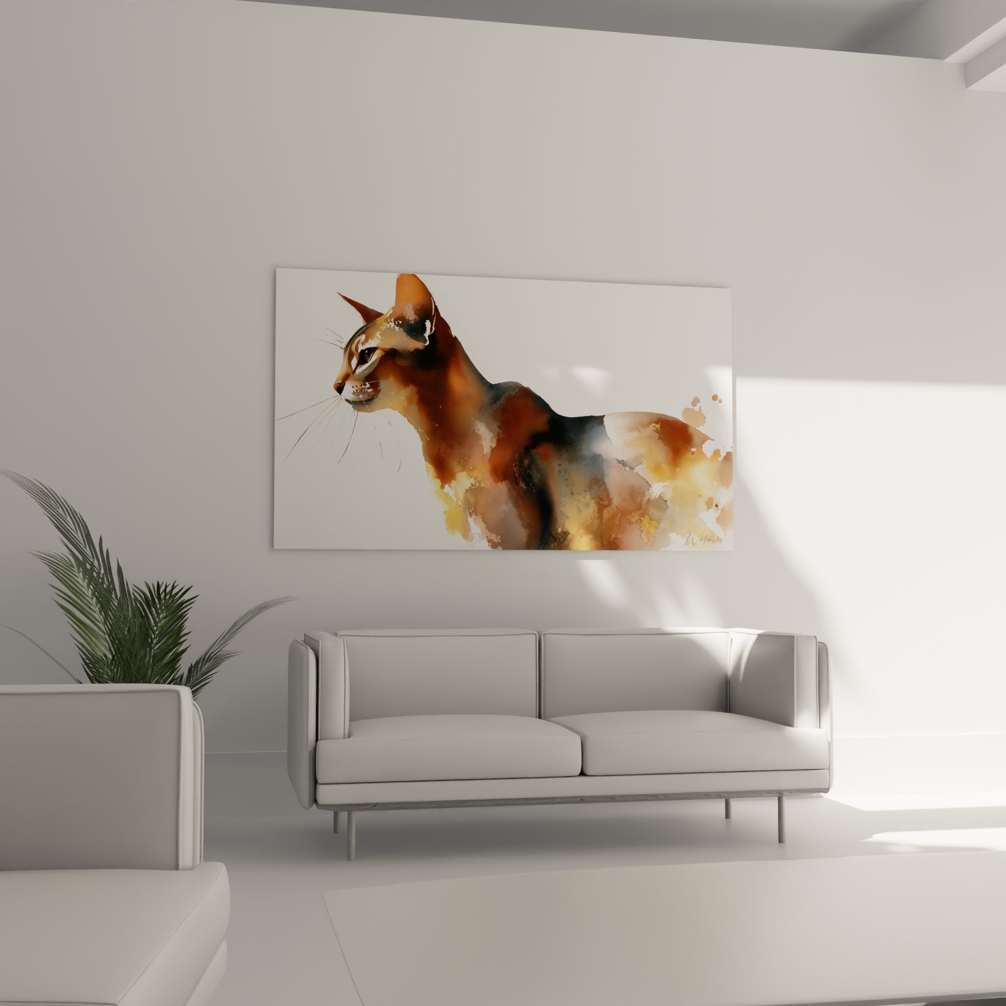 Dettaglio acquerello gatto abissino tecnica pittura toni ocra arancio texture artistica primo piano