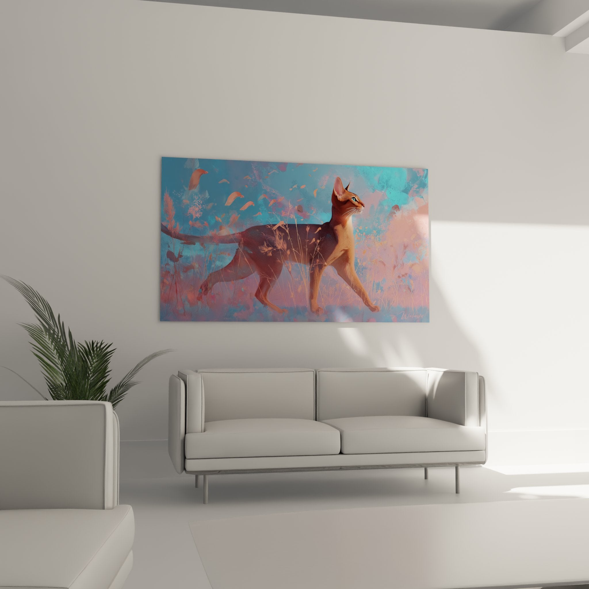 Dettaglio ravvicinato quadro gatto Abissino, mantello rosso dettagliato in universo colorato pastello