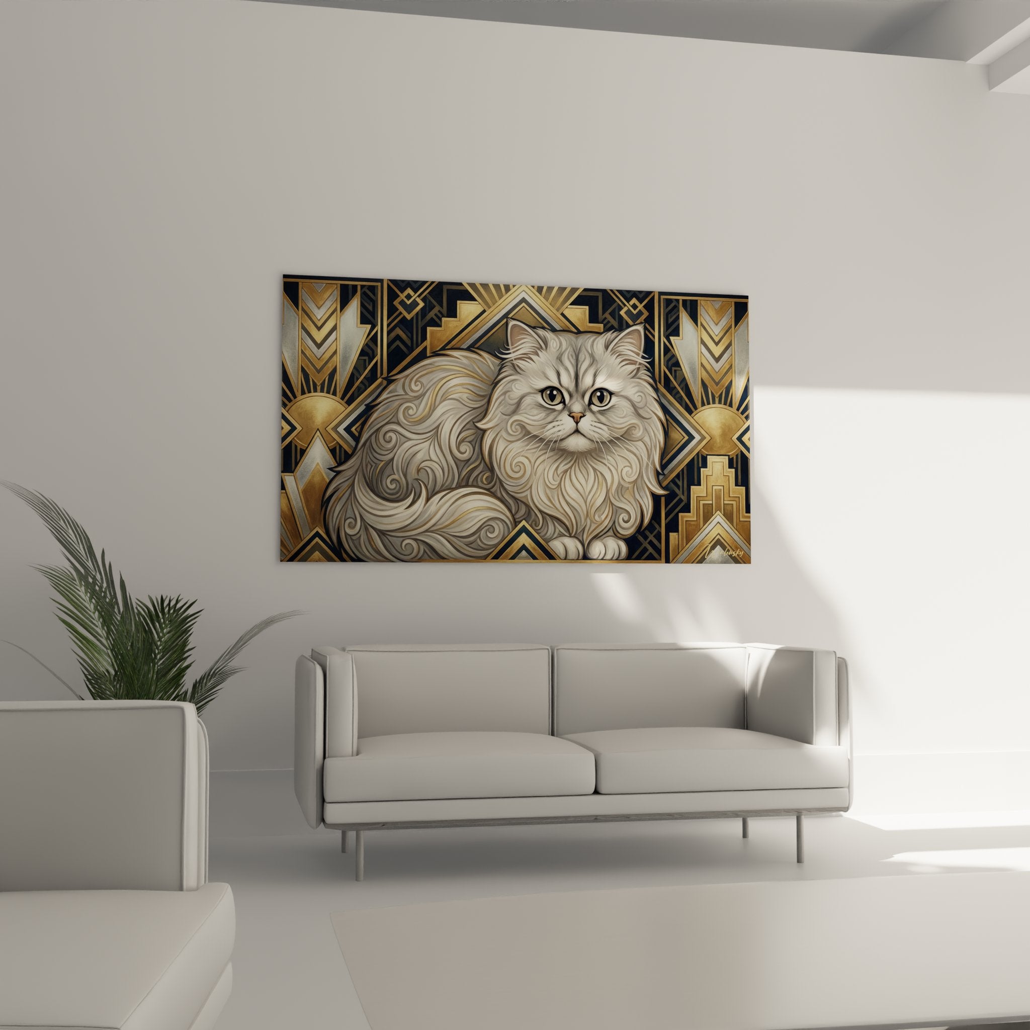 Detail des seidigen Fells der Persischen Katze und geometrische goldene Art-Déco-Muster des Wandbildes