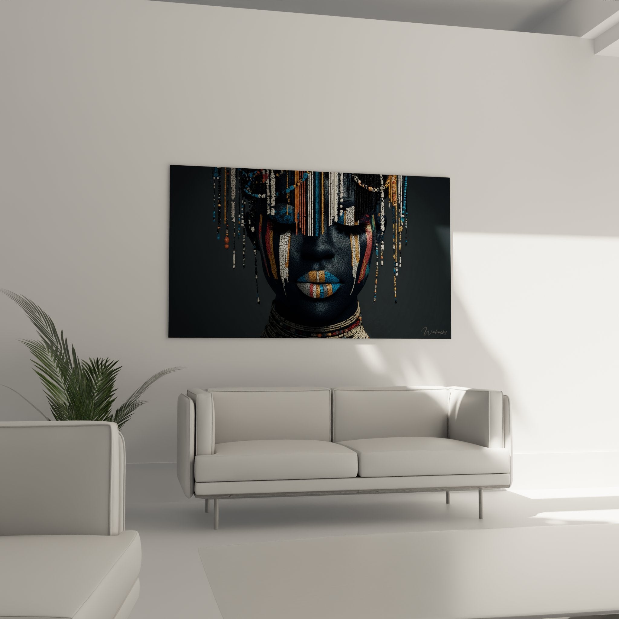 Dettaglio ritratto donna africana pittura blu gioielli tribali perle colorate arte etnica moderna