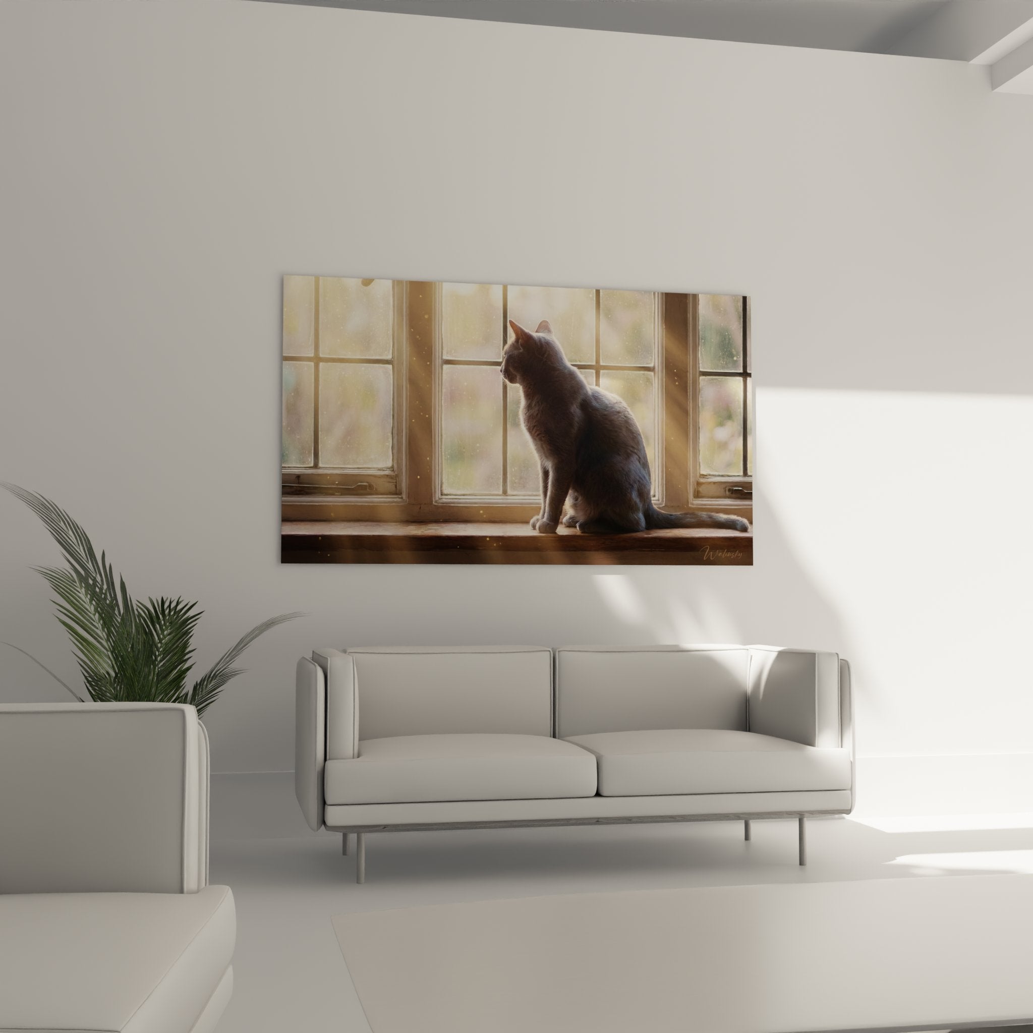 Détail tableau chat Korat contemplation, pelage gris-bleu dans lumière naturelle dorée, art mural