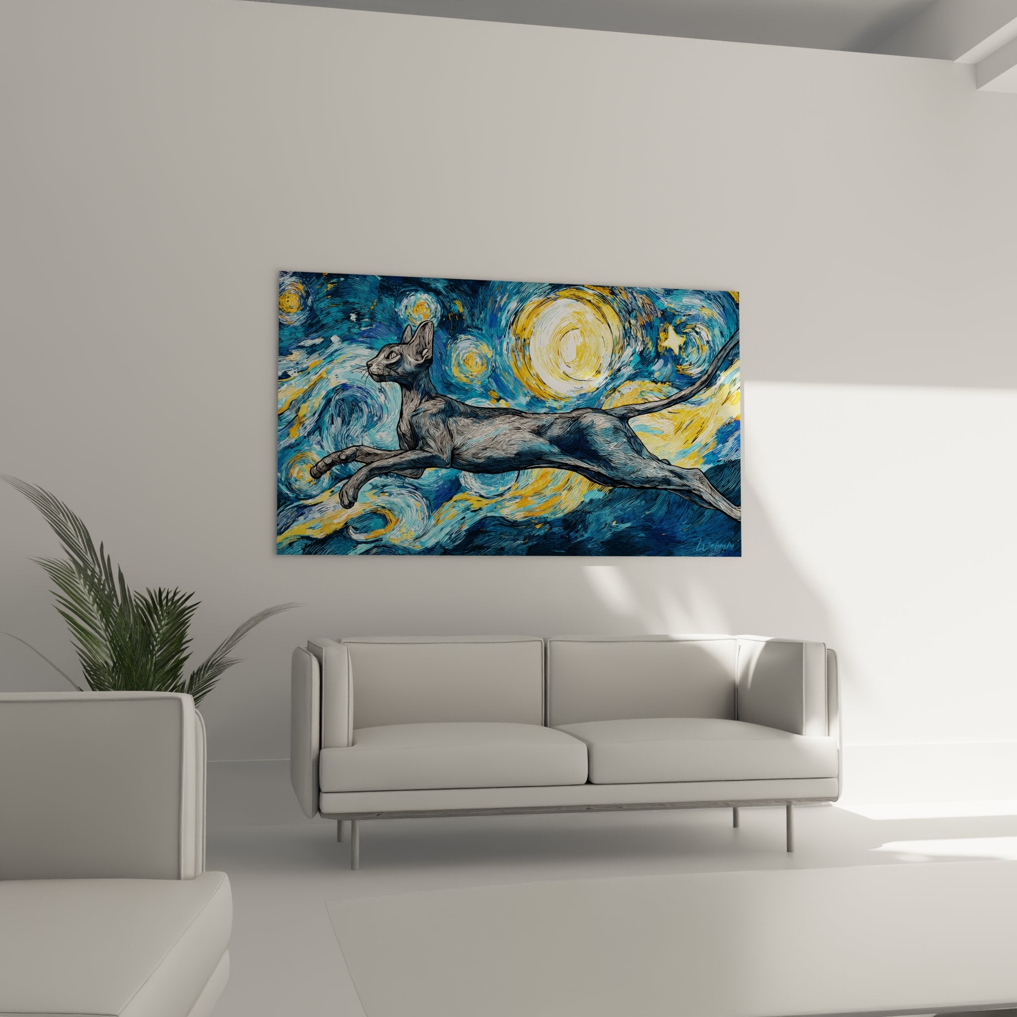 Gros plan tableau chat Oriental Shorthair détails fins sur fond cosmique étoilé, art mural haute qualité