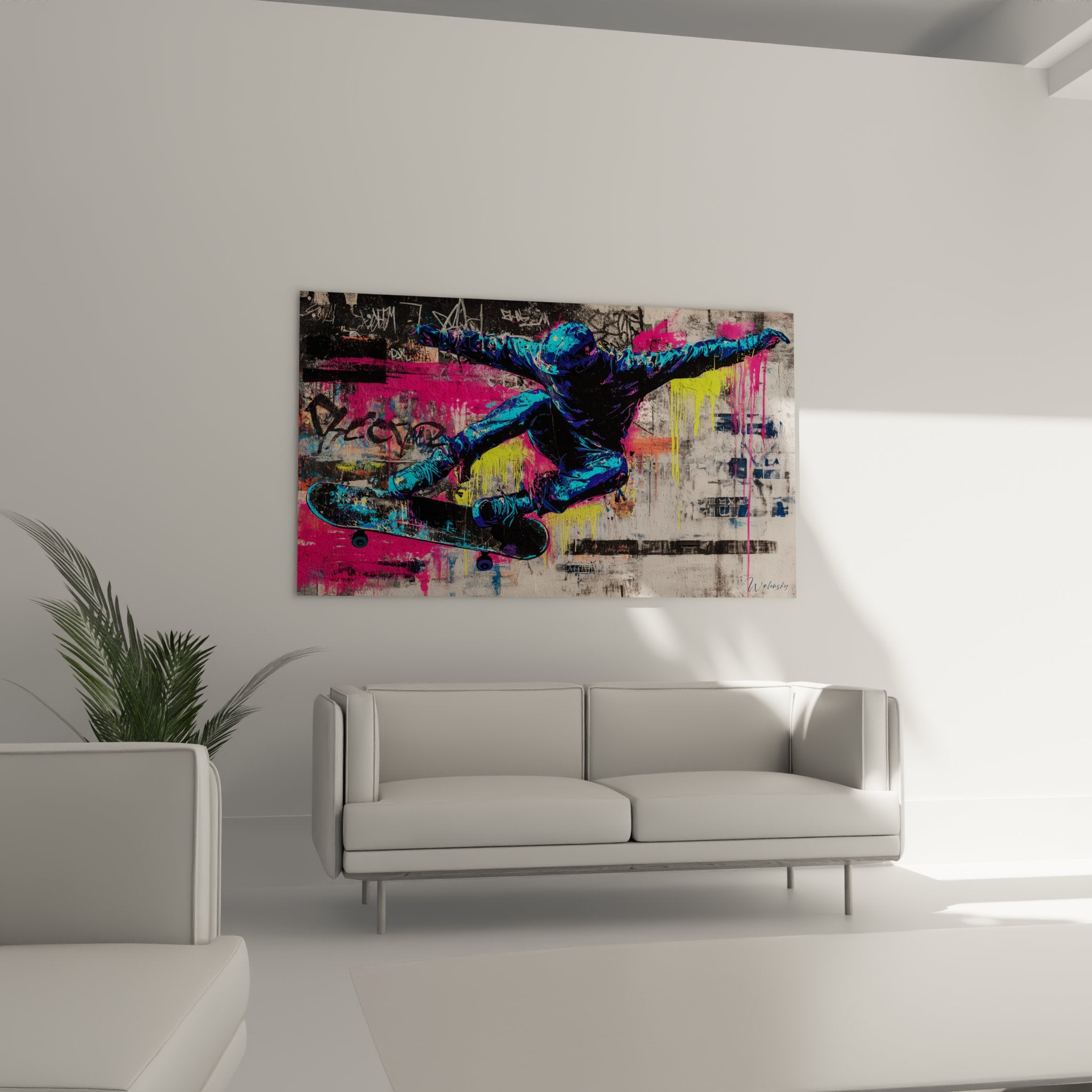 Détail tableau skateur street art texture graffiti et couleurs vives skateboard urban art