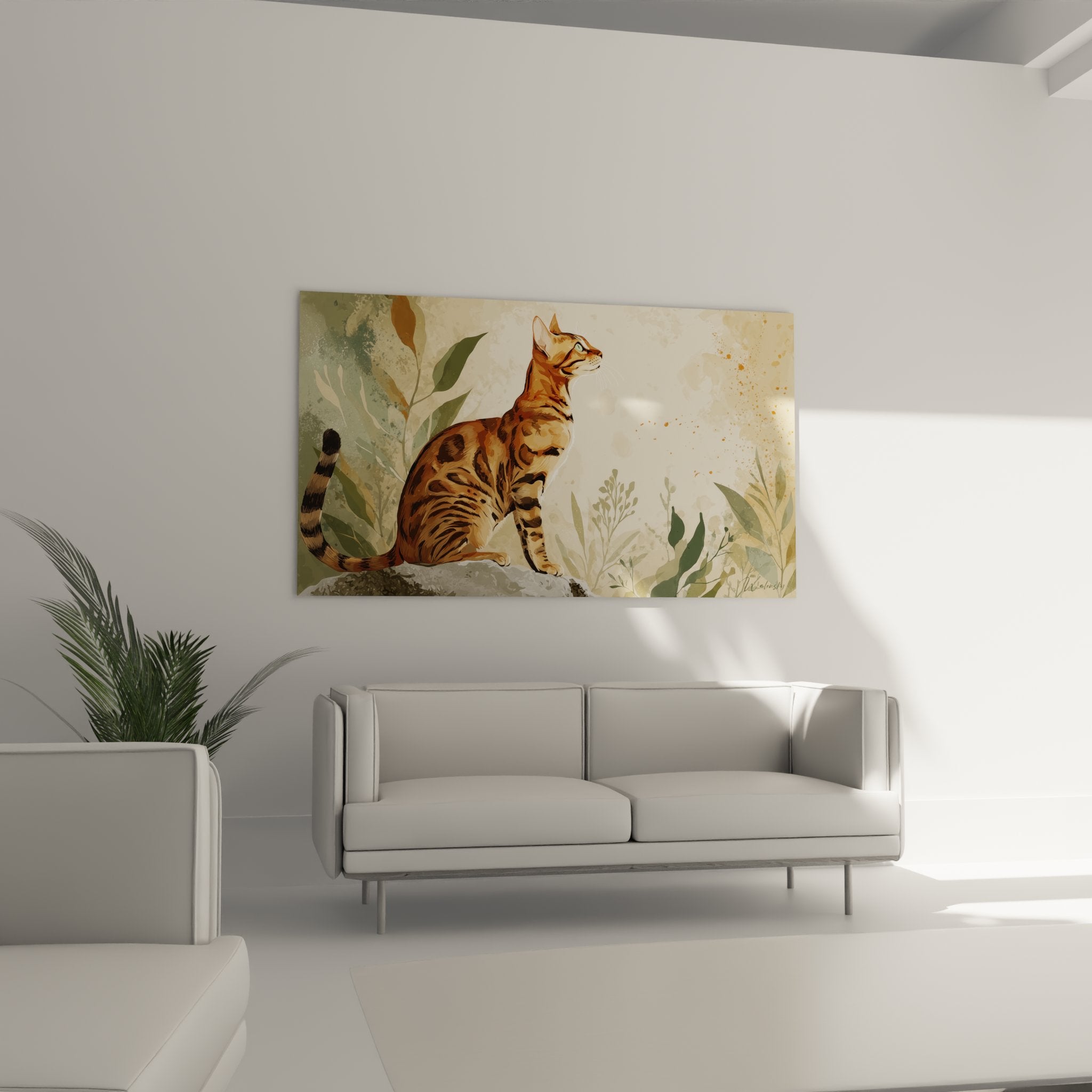 Detail tableau chat Bengal pelage tigre dore motifs tachetes art mural felin haute qualite impression