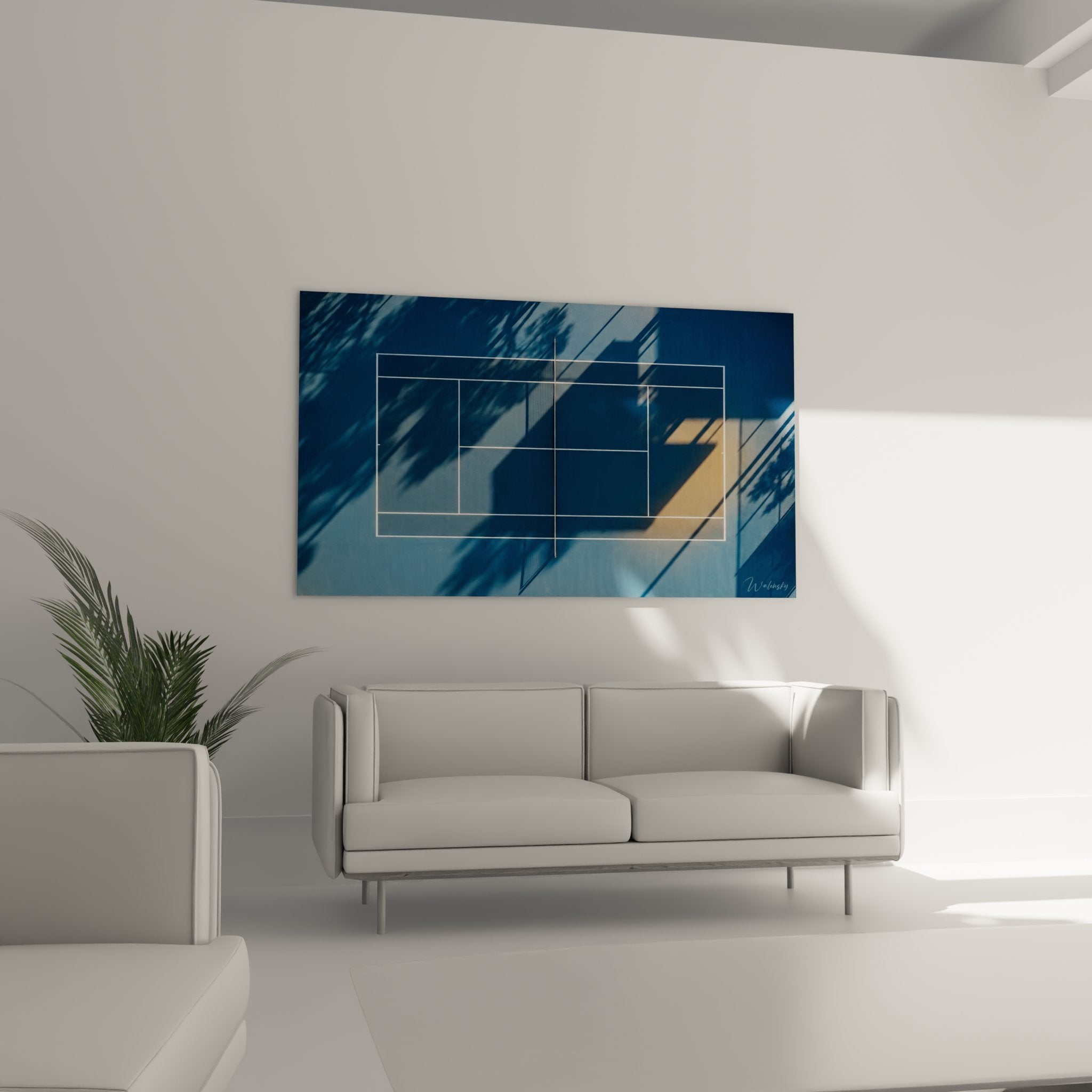 Detail tableau architecture moderne reflets metalliques bleus et structure geometrique art contemporain mural