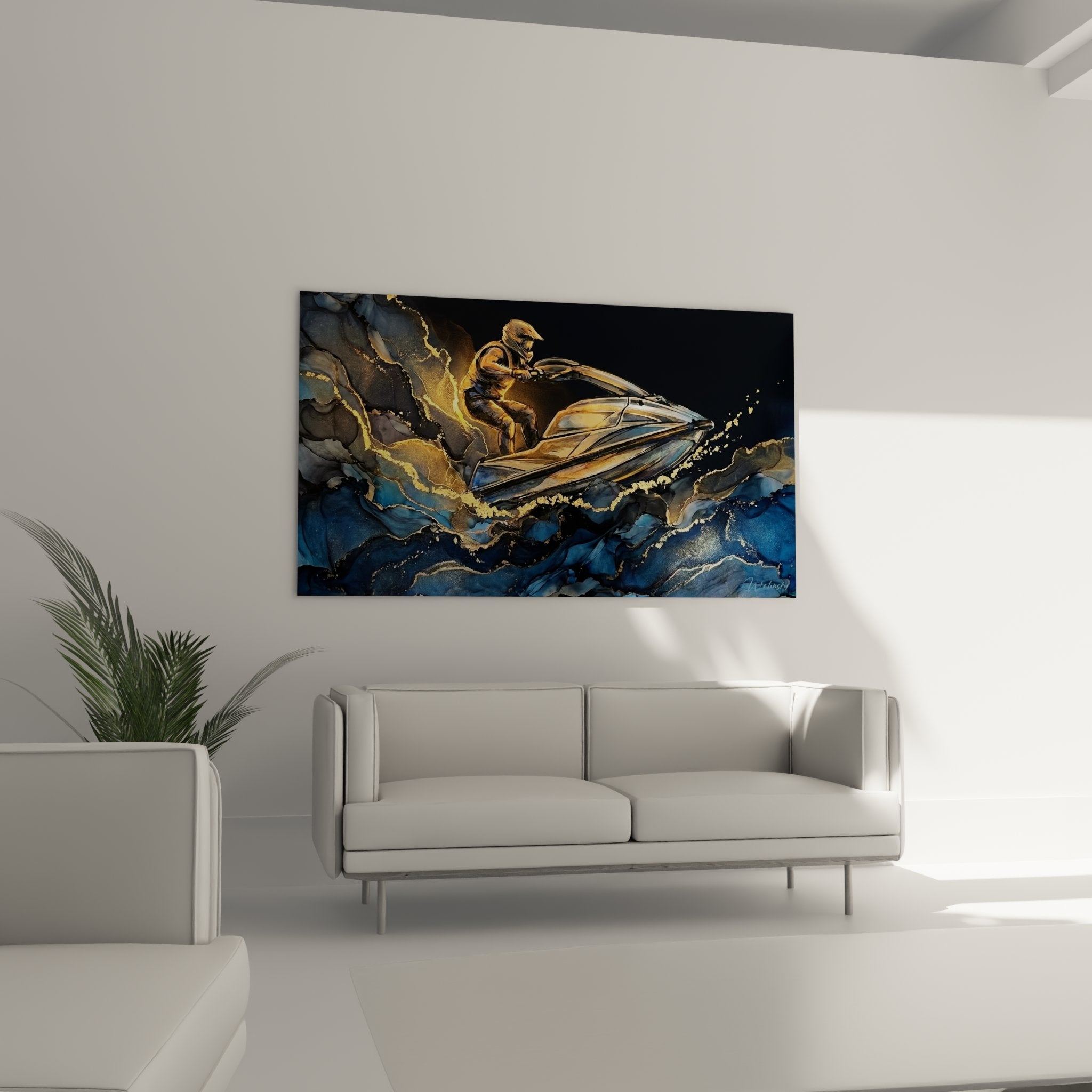 Détail tableau jetski textures dorées et bleues peinture sports aquatiques