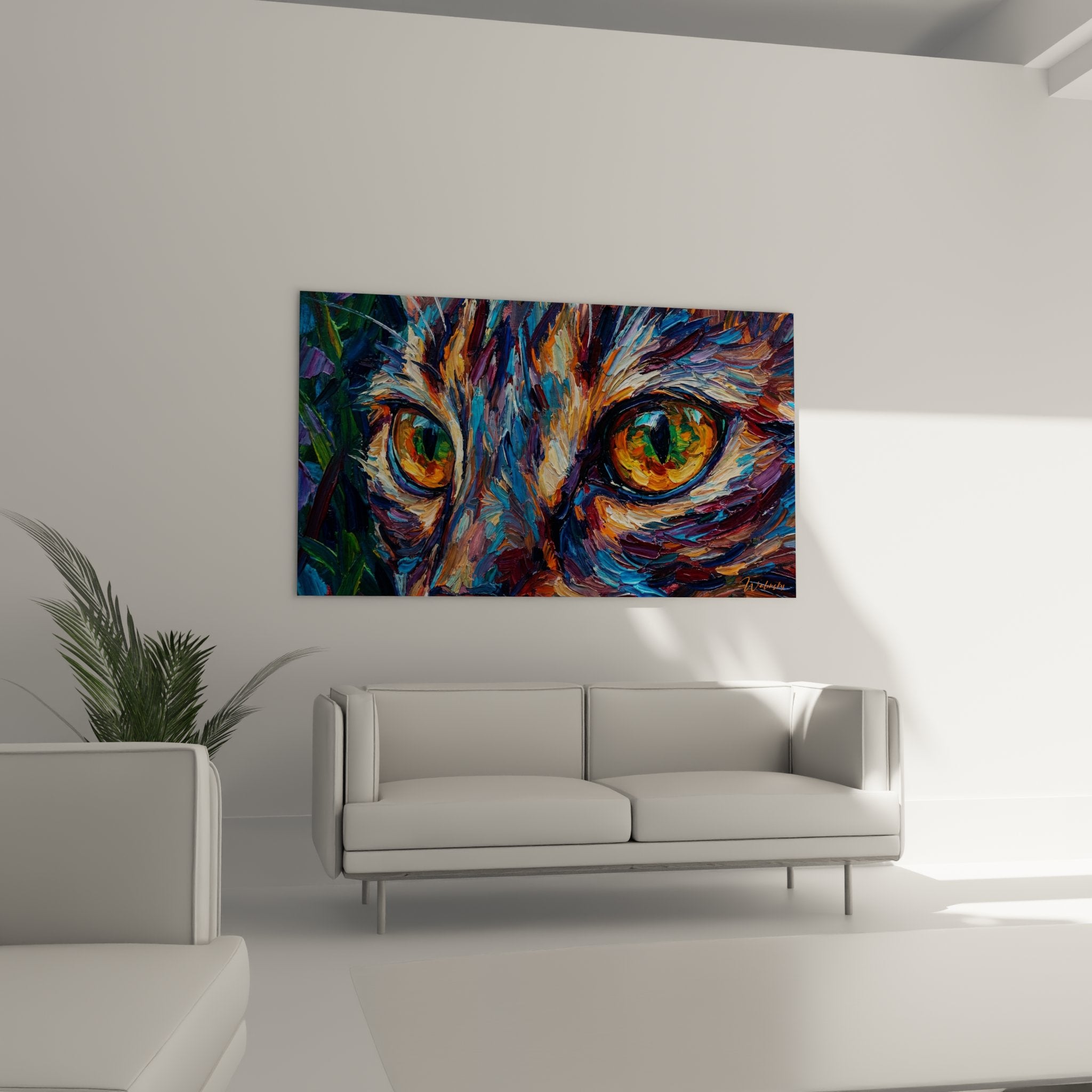 Nahaufnahme Katzenaugen Gemälde expressionistische Malerei lebendige Farben Orange Grün gestische Maltechnik