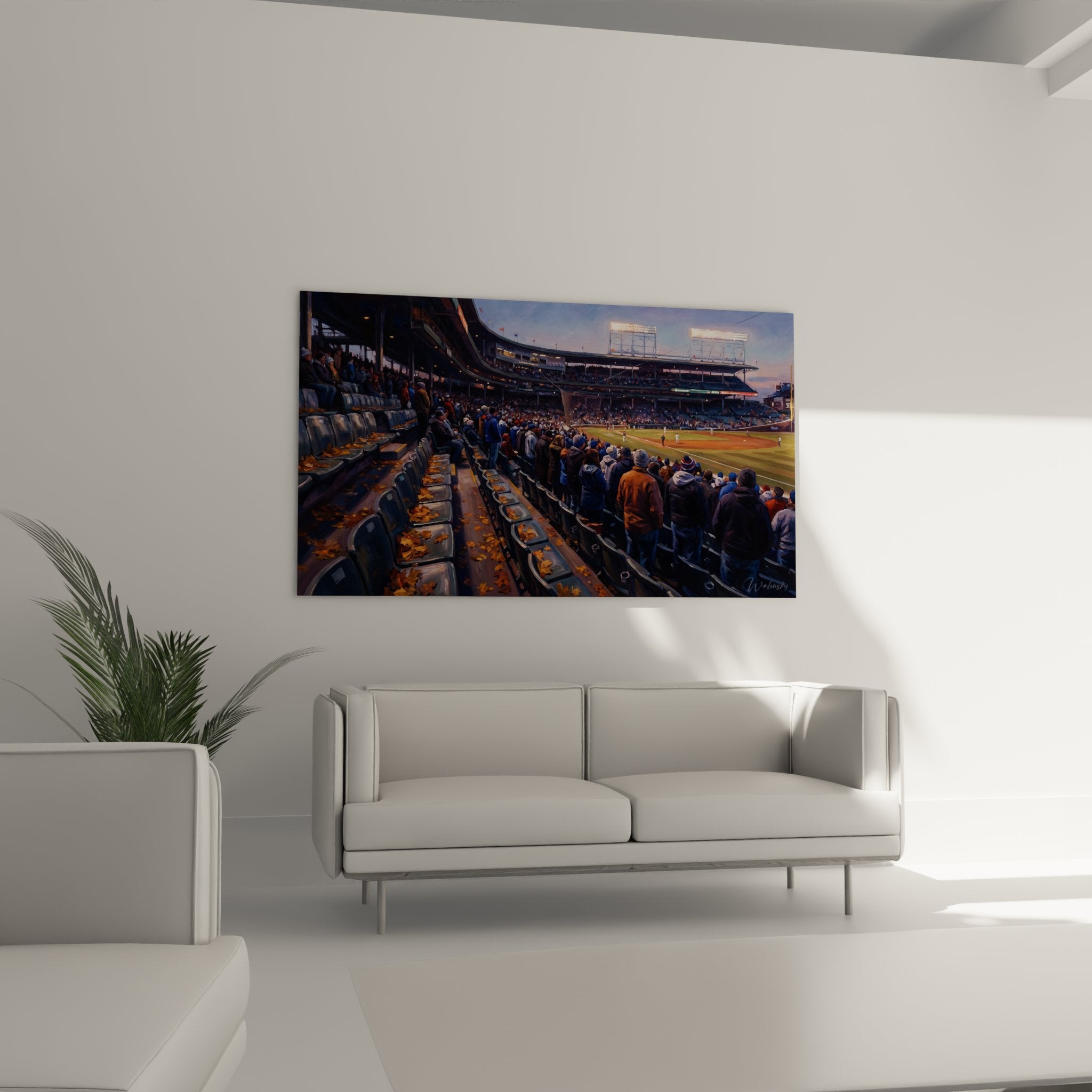 Detail rapproche du tableau montrant les feuilles d'automne dorees sur les sieges du stade de baseball