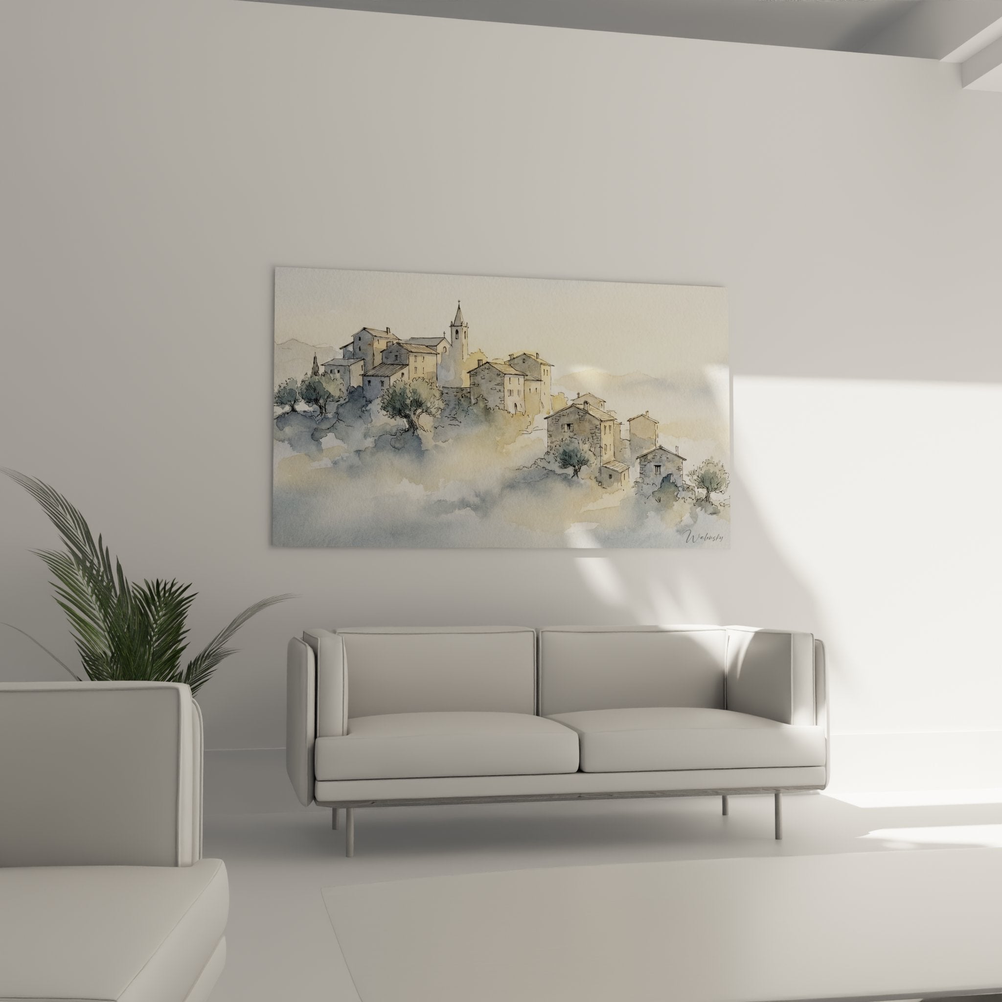 Dettaglio acquerello villaggio corso case pietra chiesa campanile tecnica pittura arte tradizionale corsica