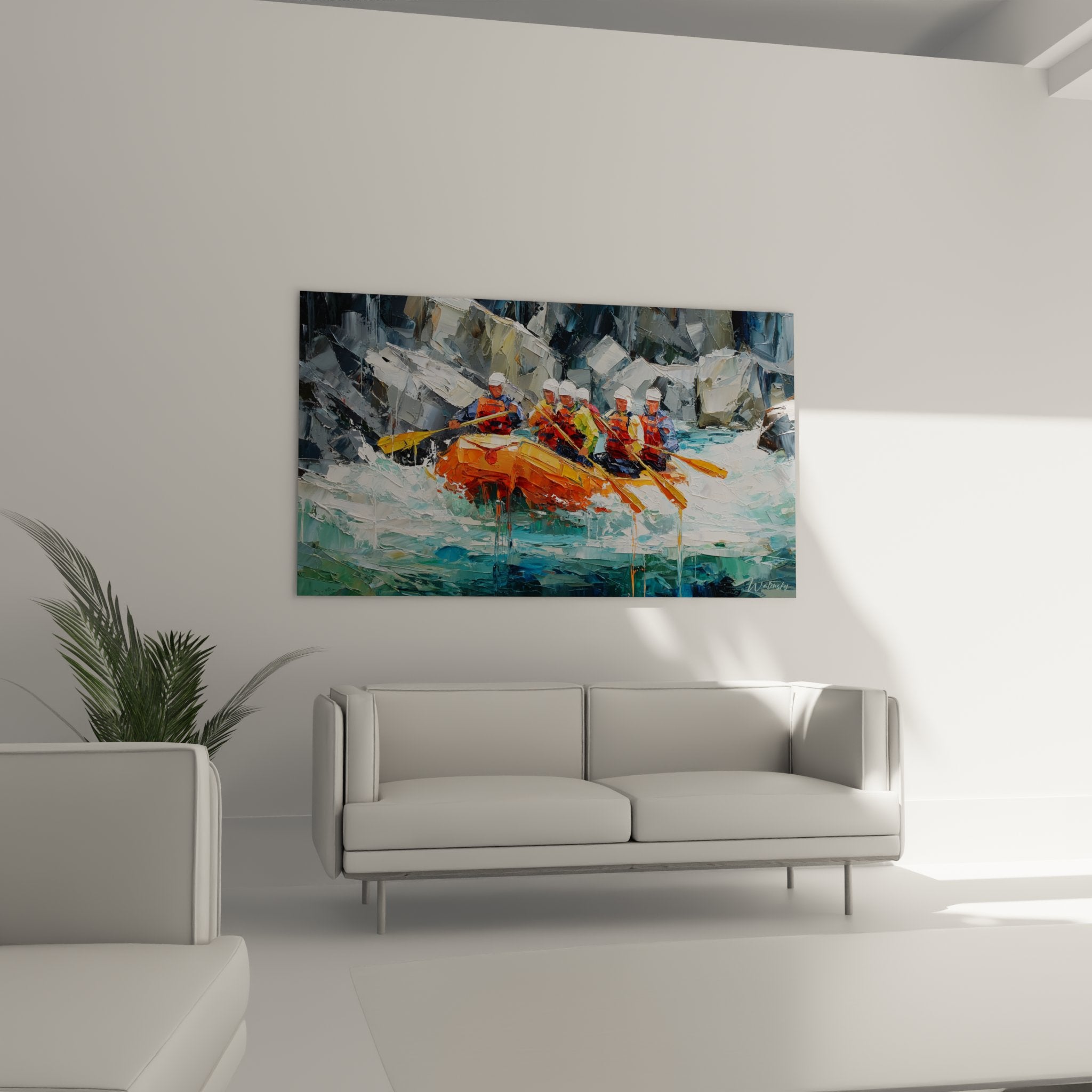 Detail of rafting painting showing texture and vibrant colors of safety equipment on turbulent water